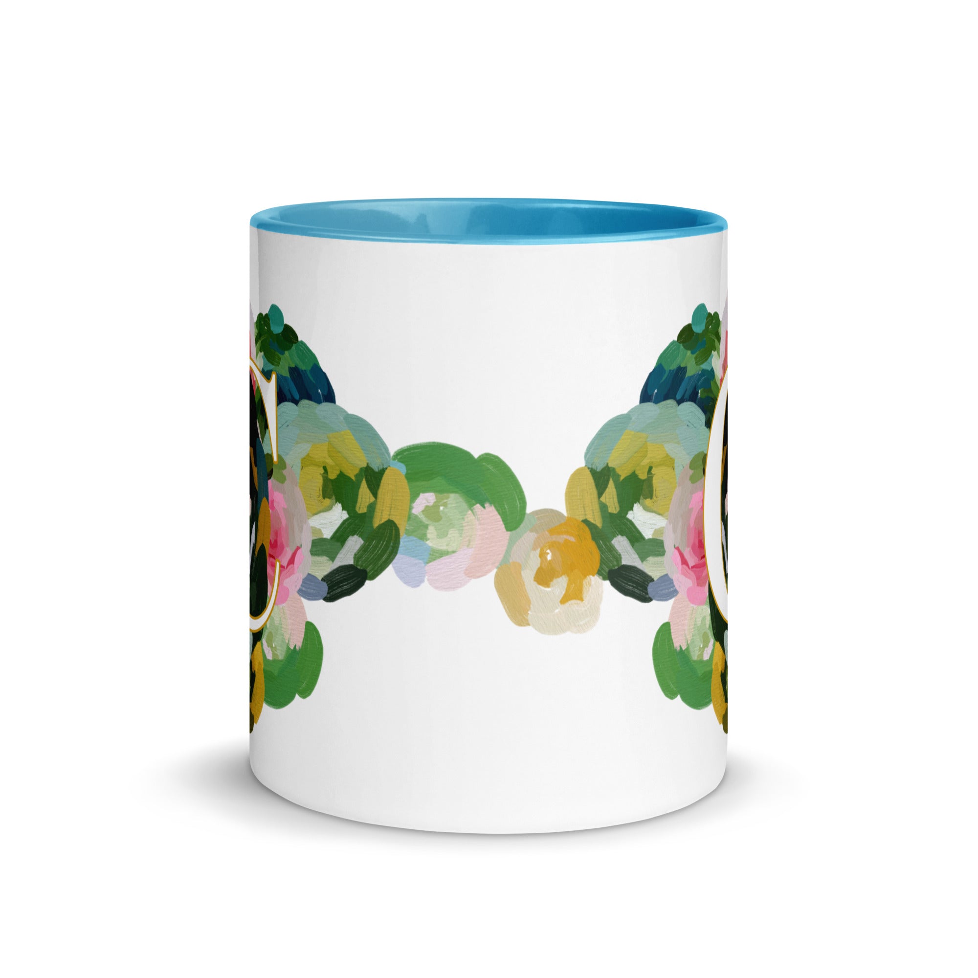 Blue Flowers Monogram Ceramic Mug - Letter C - Pretty coffee and tea mug for flower lovers. Bright light blue colored on the inside and the handle. Art by Parima Studio. Chic floral mug