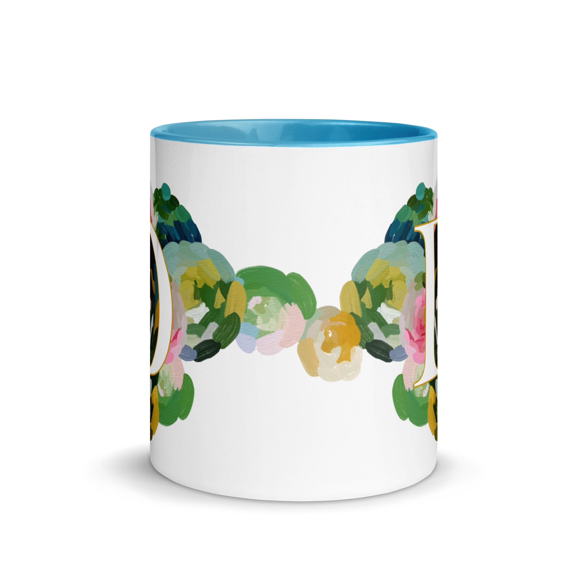 Blue Flowers Monogram Ceramic Mug - Letter D - Pretty coffee and tea mug for flower lovers. Bright light blue colored on the inside and the handle. Art by Parima Studio. Chic floral mug