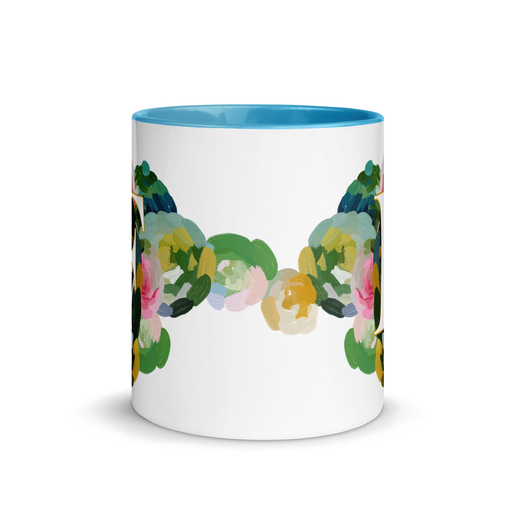 Blue Flowers Monogram Ceramic Mug - Letter F - Pretty coffee and tea mug for flower lovers. Bright light blue colored on the inside and the handle. Art by Parima Studio. Chic floral mug