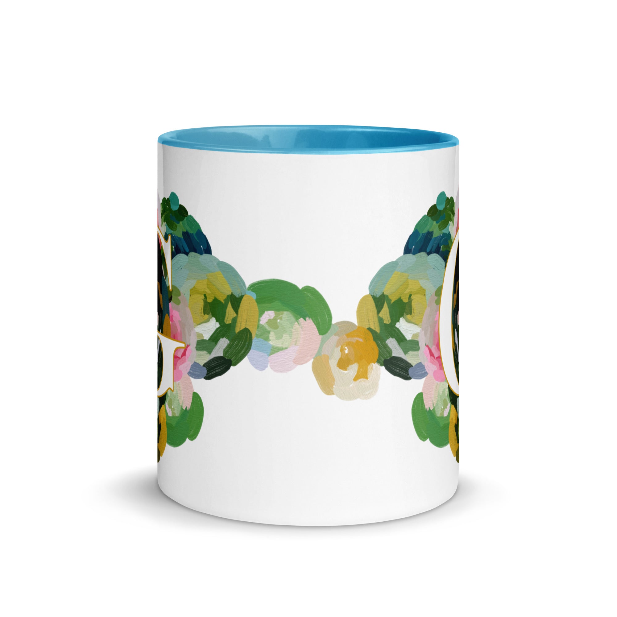 Blue Flowers Monogram Ceramic Mug - Letter G - Pretty coffee and tea mug for flower lovers. Bright light blue colored on the inside and the handle. Art by Parima Studio. Chic floral mug