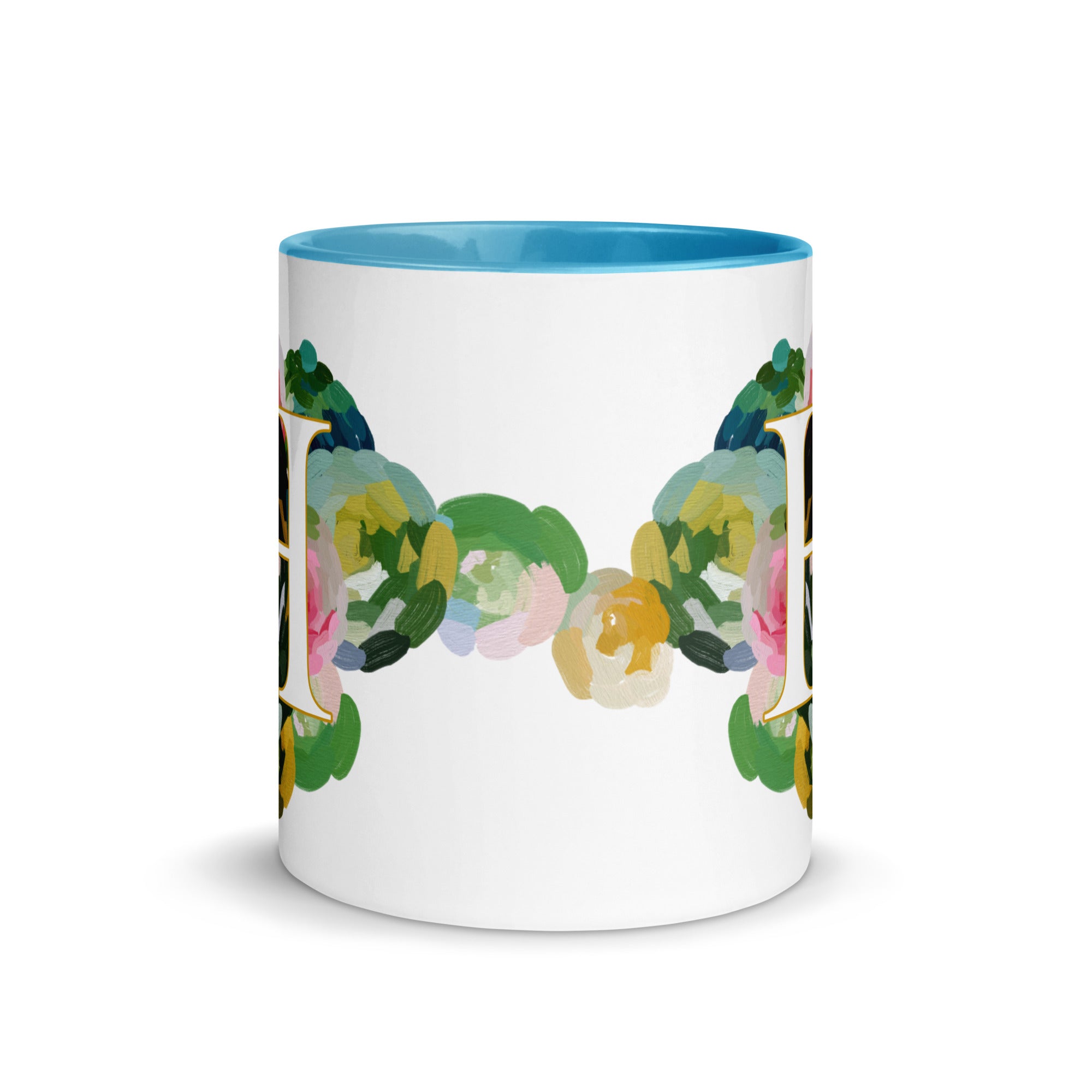 Blue Flowers Monogram Ceramic Mug - Letter H - Pretty coffee and tea mug for flower lovers. Bright light blue colored on the inside and the handle. Art by Parima Studio. Chic floral mug