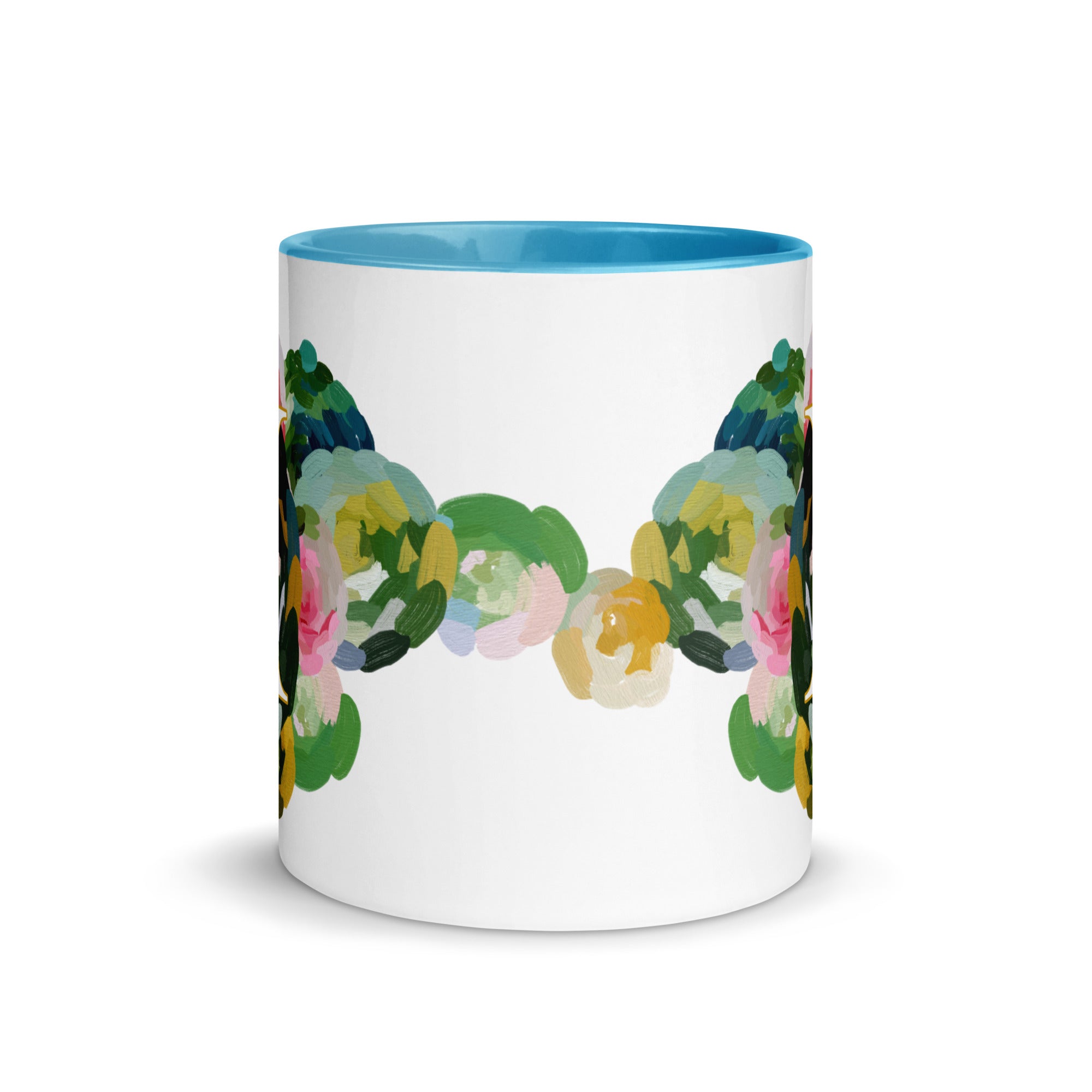 Blue Flowers Monogram Ceramic Mug - Letter I - Pretty coffee and tea mug for flower lovers. Bright light blue colored on the inside and the handle. Art by Parima Studio. Chic floral mug
