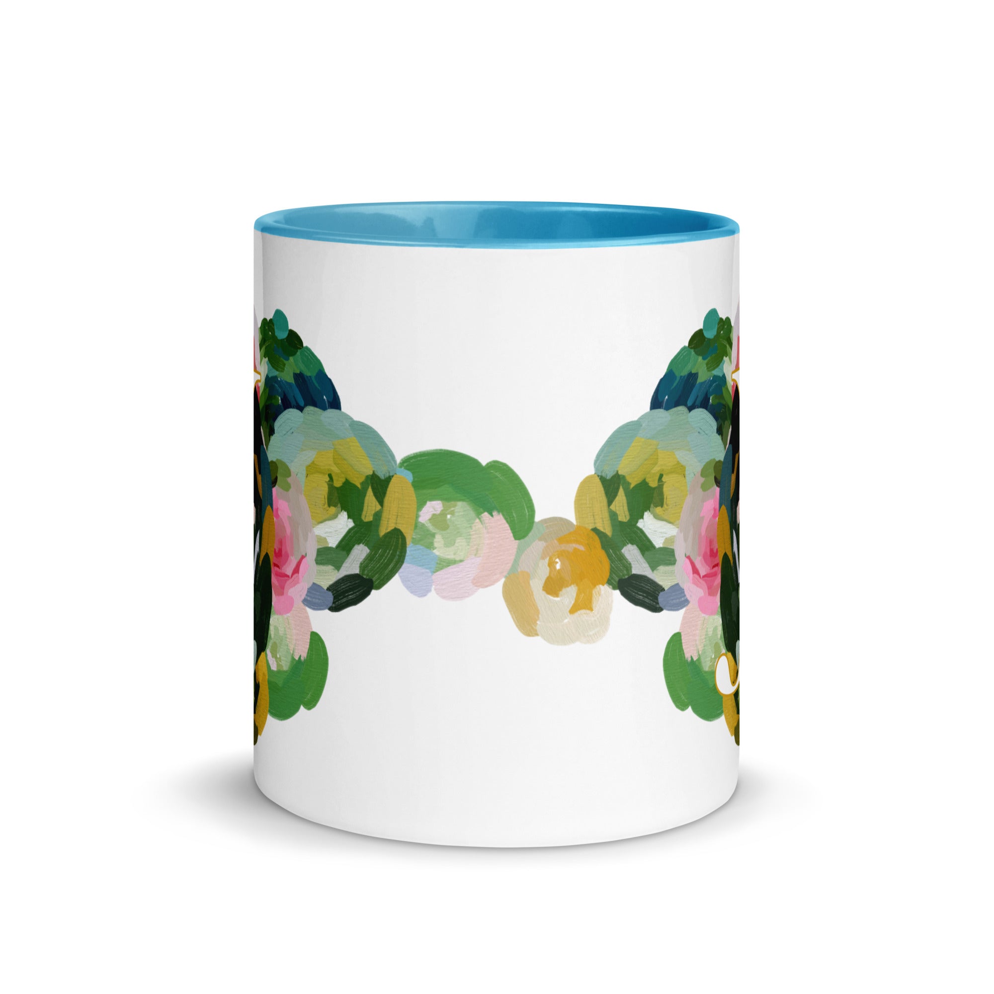 Blue Flowers Monogram Ceramic Mug - Letter J - Pretty coffee and tea mug for flower lovers. Bright light blue colored on the inside and the handle. Art by Parima Studio. Chic floral mug