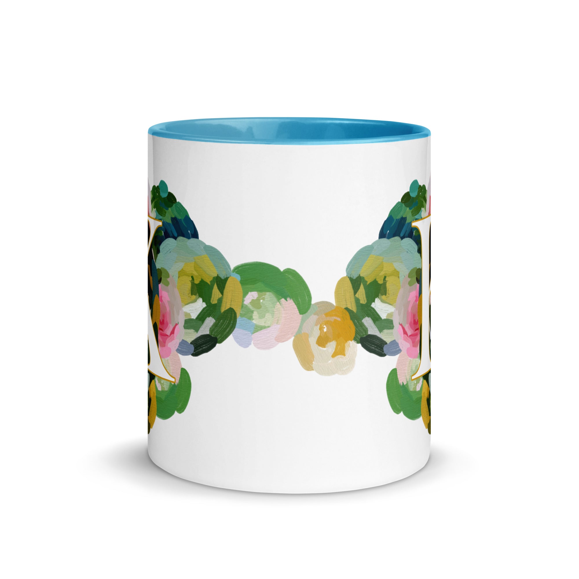 Blue Flowers Monogram Ceramic Mug - Letter K - Pretty coffee and tea mug for flower lovers. Bright light blue colored on the inside and the handle. Art by Parima Studio. Chic floral mug