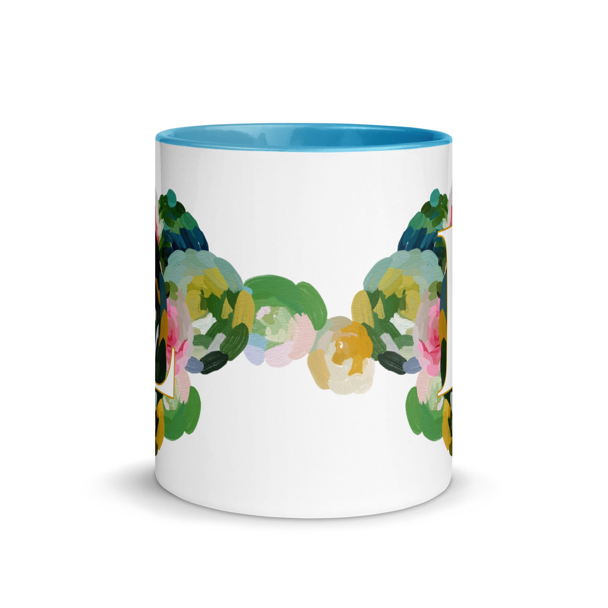 Blue Flowers Monogram Ceramic Mug - Letter L - Pretty coffee and tea mug for flower lovers. Bright light blue colored on the inside and the handle. Art by Parima Studio. Chic floral mug