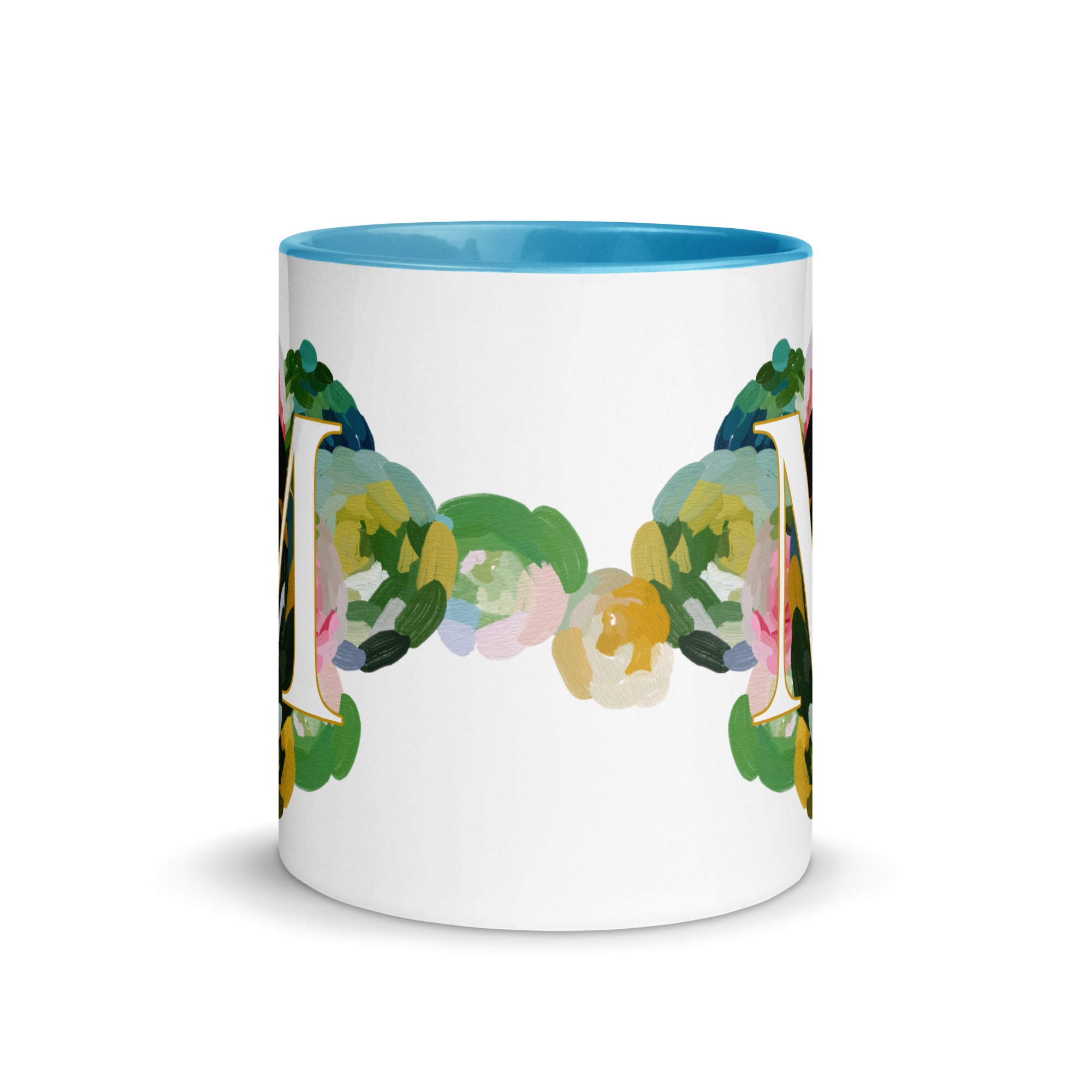 Blue Flowers Monogram Ceramic Mug - Letter M - Pretty coffee and tea mug for flower lovers. Bright light blue colored on the inside and the handle. Art by Parima Studio. Chic floral mug