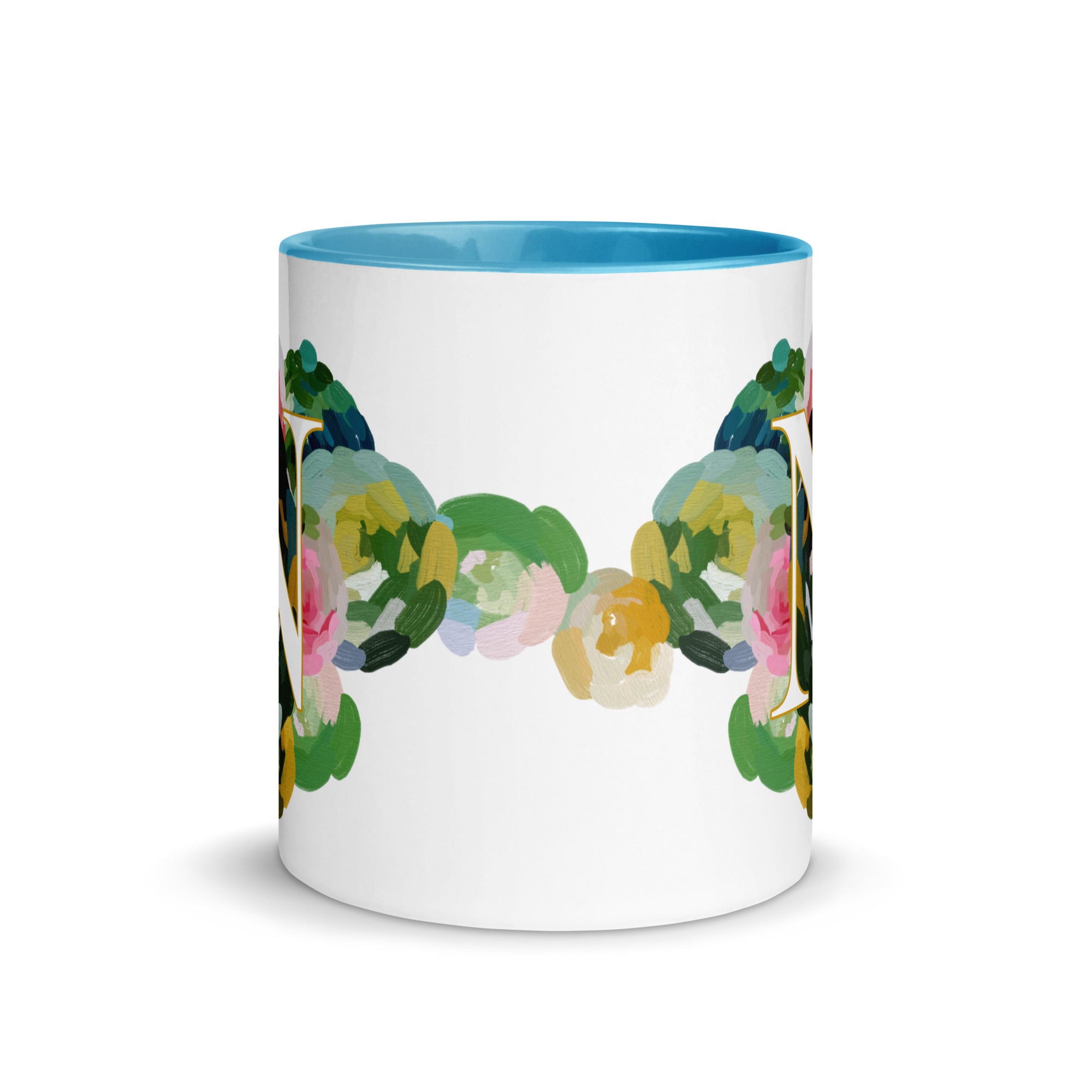 Blue Flowers Monogram Ceramic Mug - Letter N - Pretty coffee and tea mug for flower lovers. Bright light blue colored on the inside and the handle. Art by Parima Studio. Chic floral mug