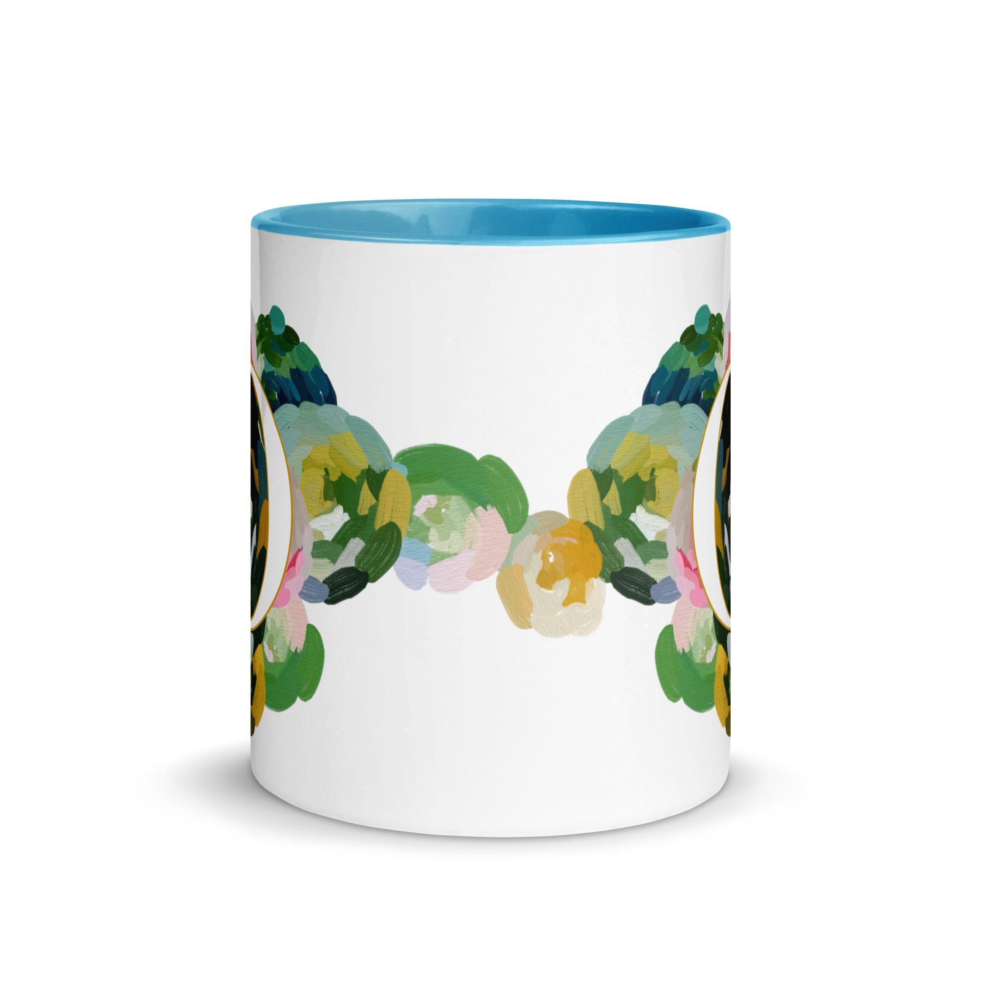 Blue Flowers Monogram Ceramic Mug - Letter O - Pretty coffee and tea mug for flower lovers. Bright light blue colored on the inside and the handle. Art by Parima Studio. Chic floral mug