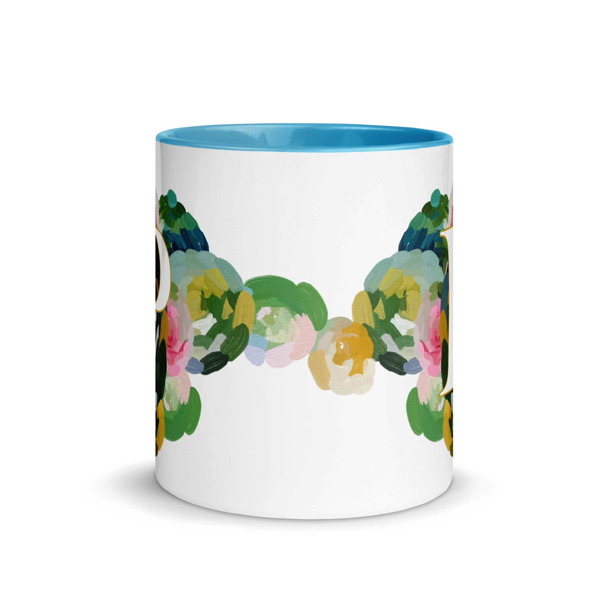 Blue Flowers Monogram Ceramic Mug - Letter P - Pretty coffee and tea mug for flower lovers. Bright light blue colored on the inside and the handle. Art by Parima Studio. Chic floral mug