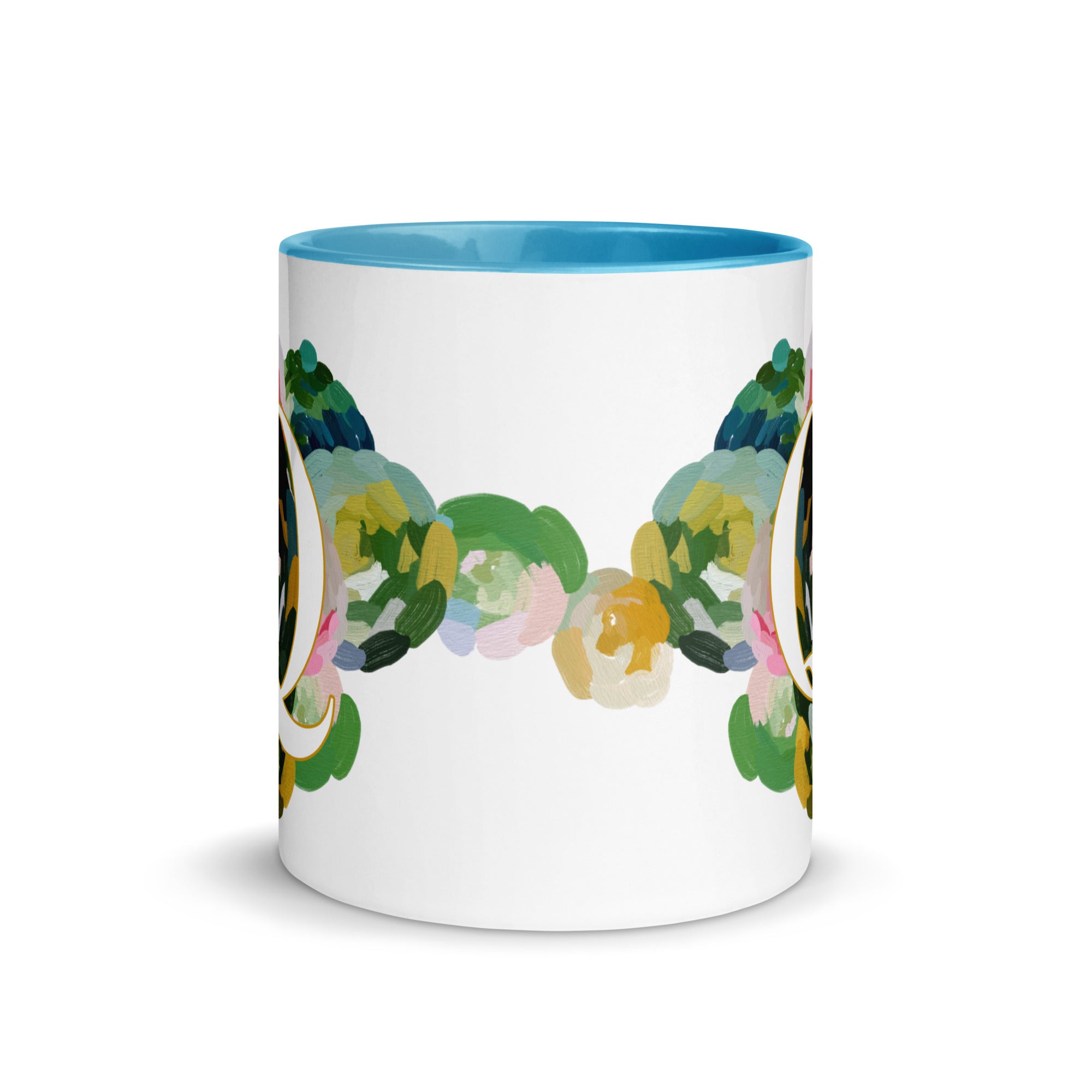 Blue Flowers Monogram Ceramic Mug - Letter Q - Pretty coffee and tea mug for flower lovers. Bright light blue colored on the inside and the handle. Art by Parima Studio. Chic floral mug