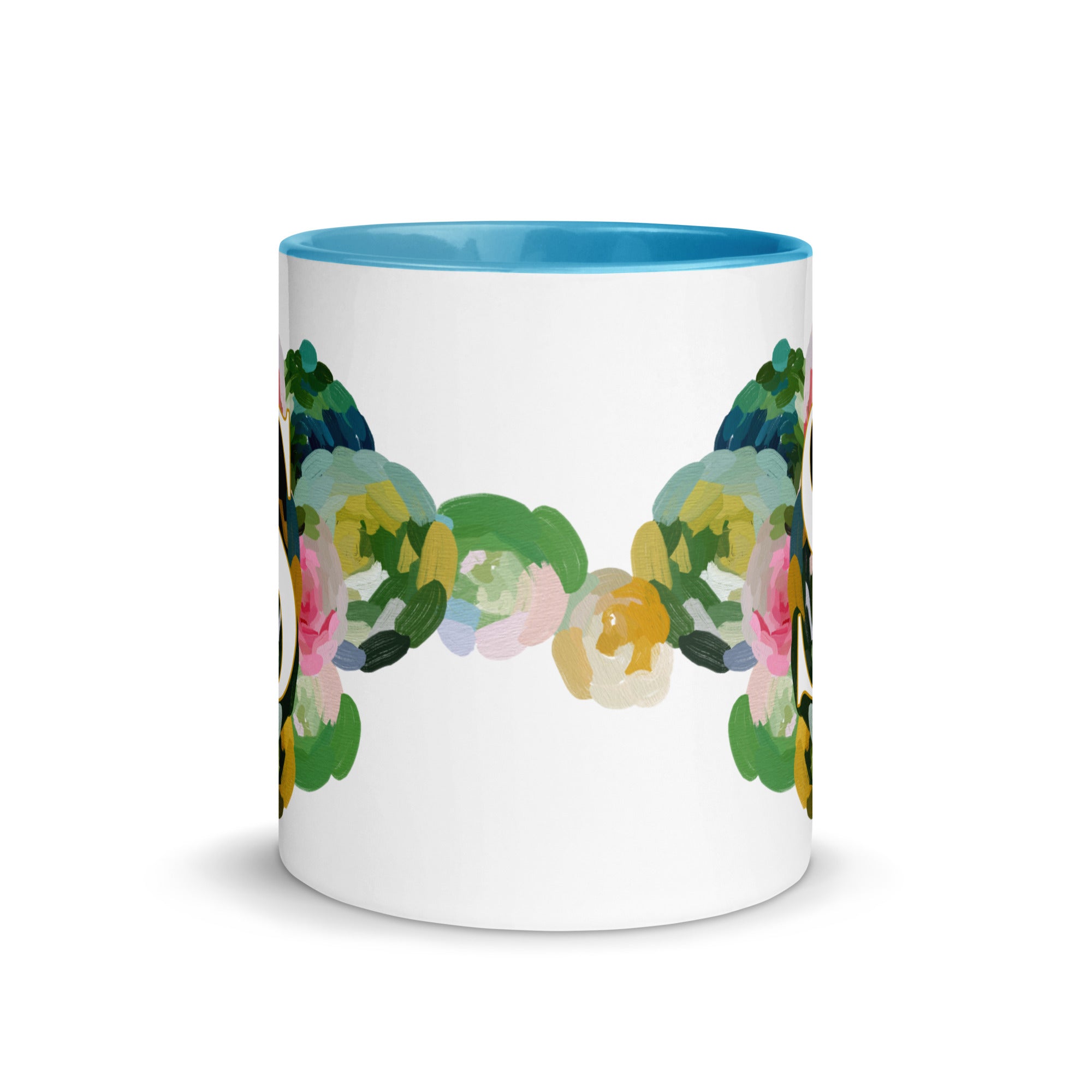 Blue Flowers Monogram Ceramic Mug - Letter S - Pretty coffee and tea mug for flower lovers. Bright light blue colored on the inside and the handle. Art by Parima Studio. Chic floral mug