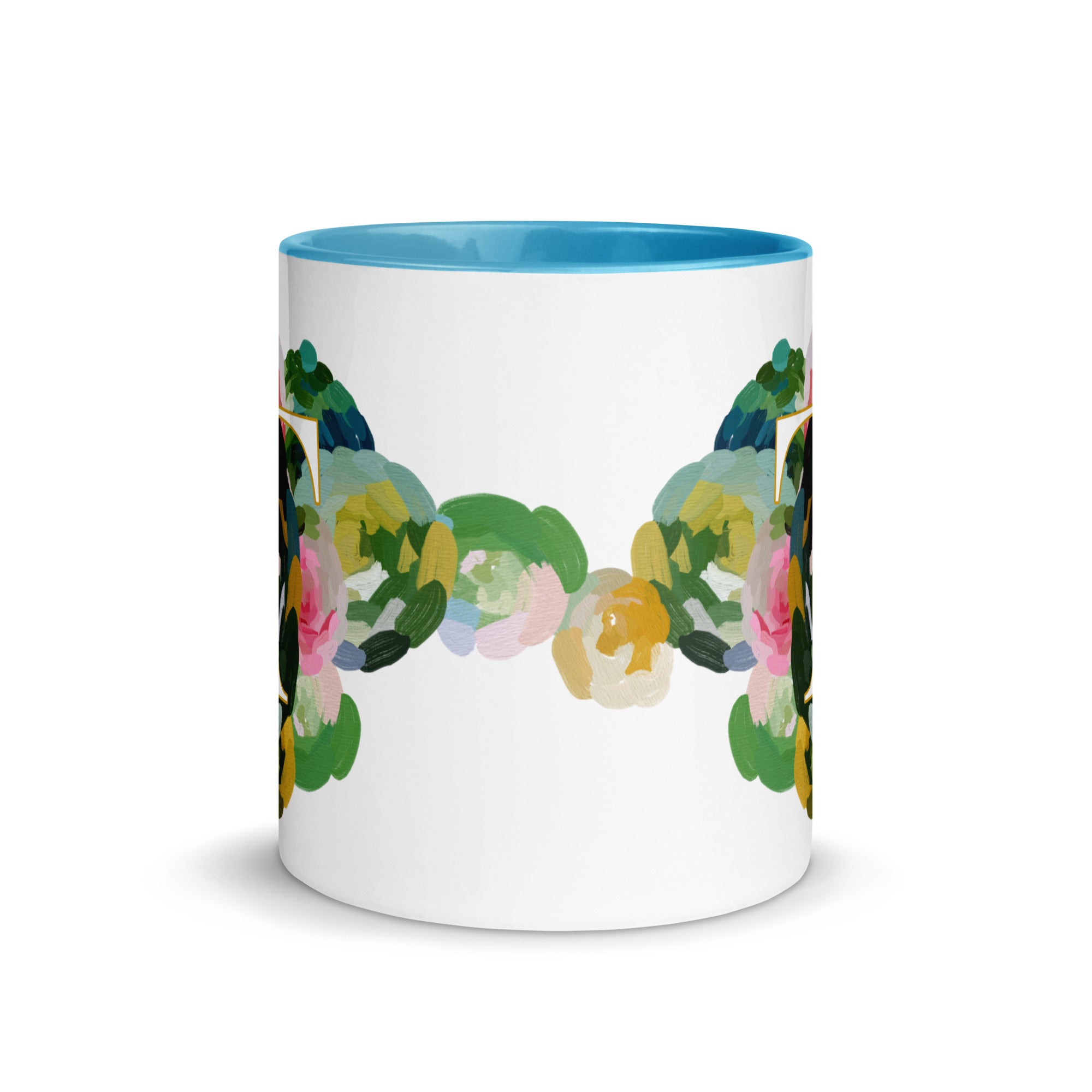Blue Flowers Monogram Ceramic Mug - Letter T - Pretty coffee and tea mug for flower lovers. Bright light blue colored on the inside and the handle. Art by Parima Studio. Chic floral mug