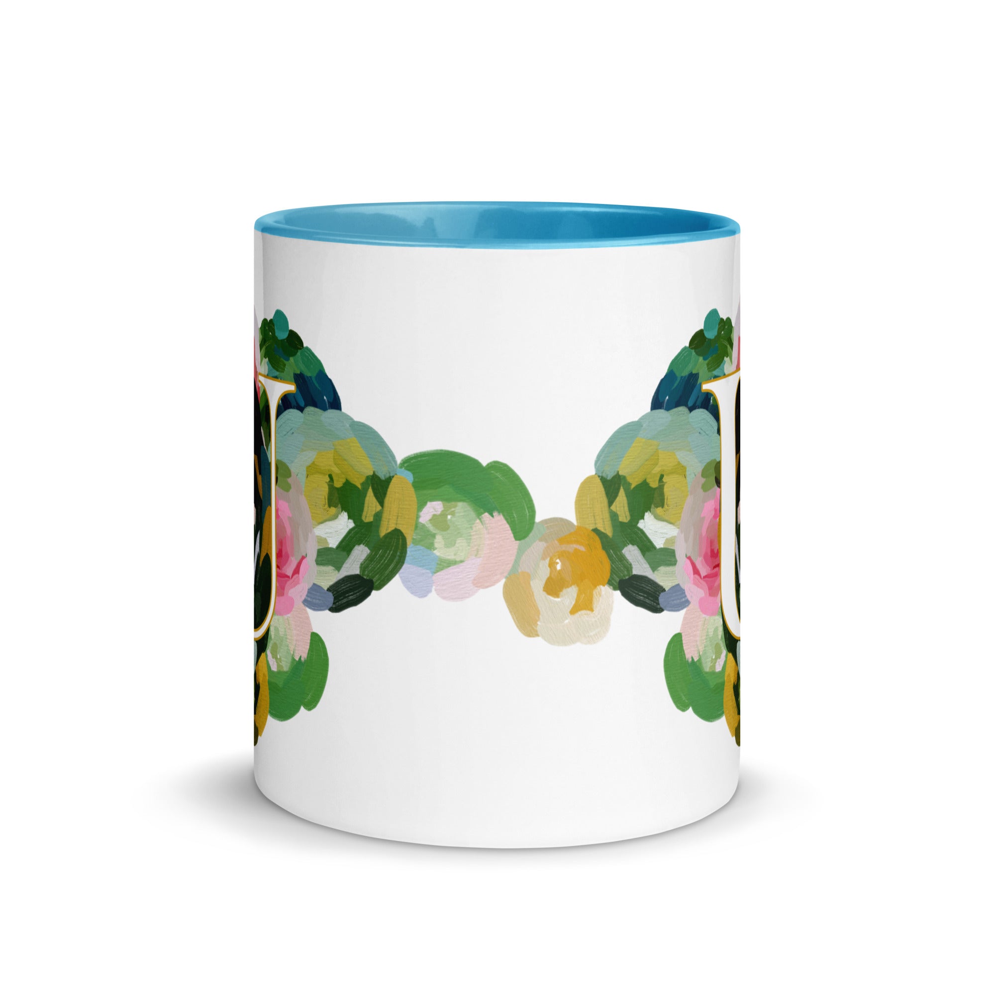 Blue Flowers Monogram Ceramic Mug - Letter U - Pretty coffee and tea mug for flower lovers. Bright light blue colored on the inside and the handle. Art by Parima Studio. Chic floral mug