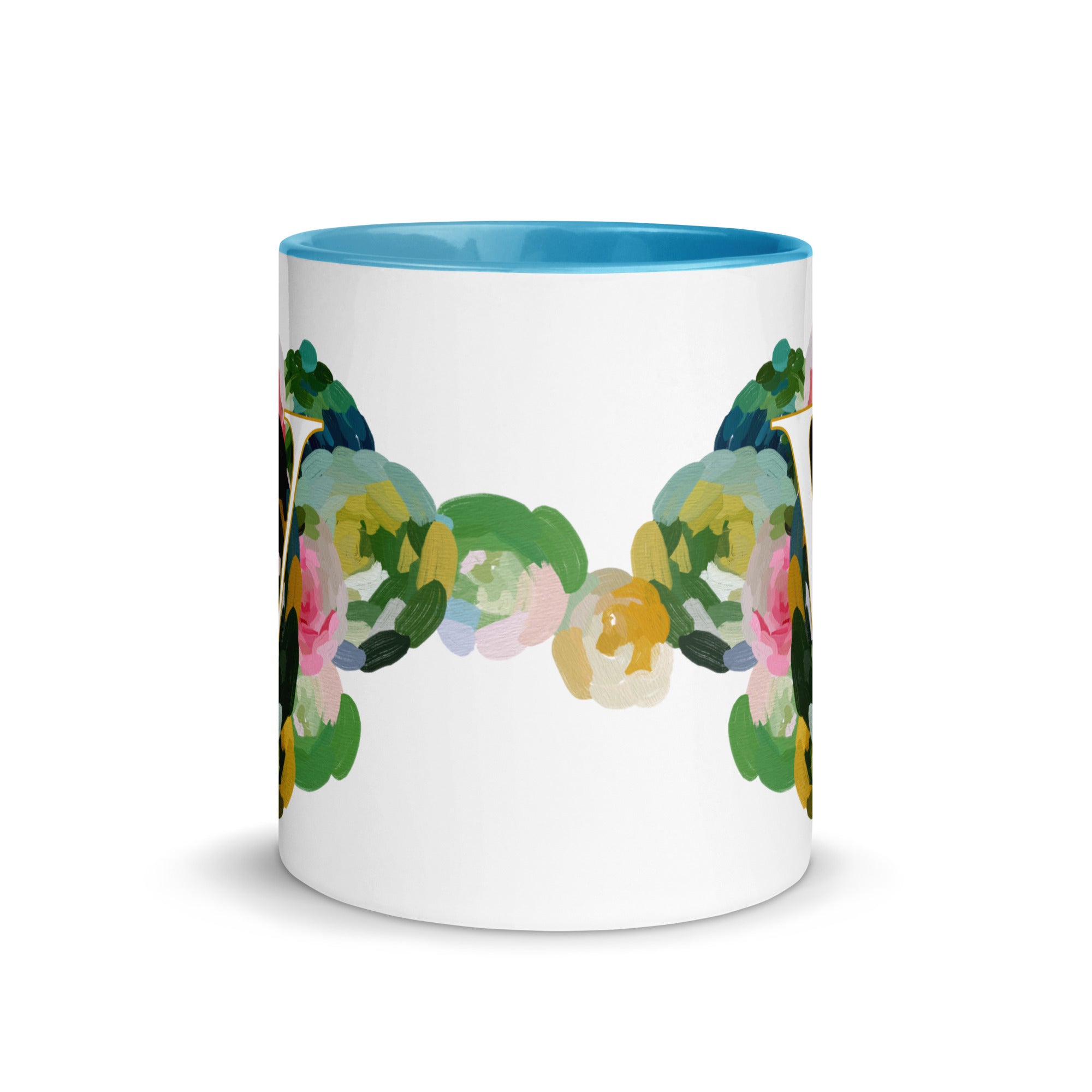 Blue Flowers Monogram Ceramic Mug - Letter V - Pretty coffee and tea mug for flower lovers. Bright light blue colored on the inside and the handle. Art by Parima Studio. Chic floral mug