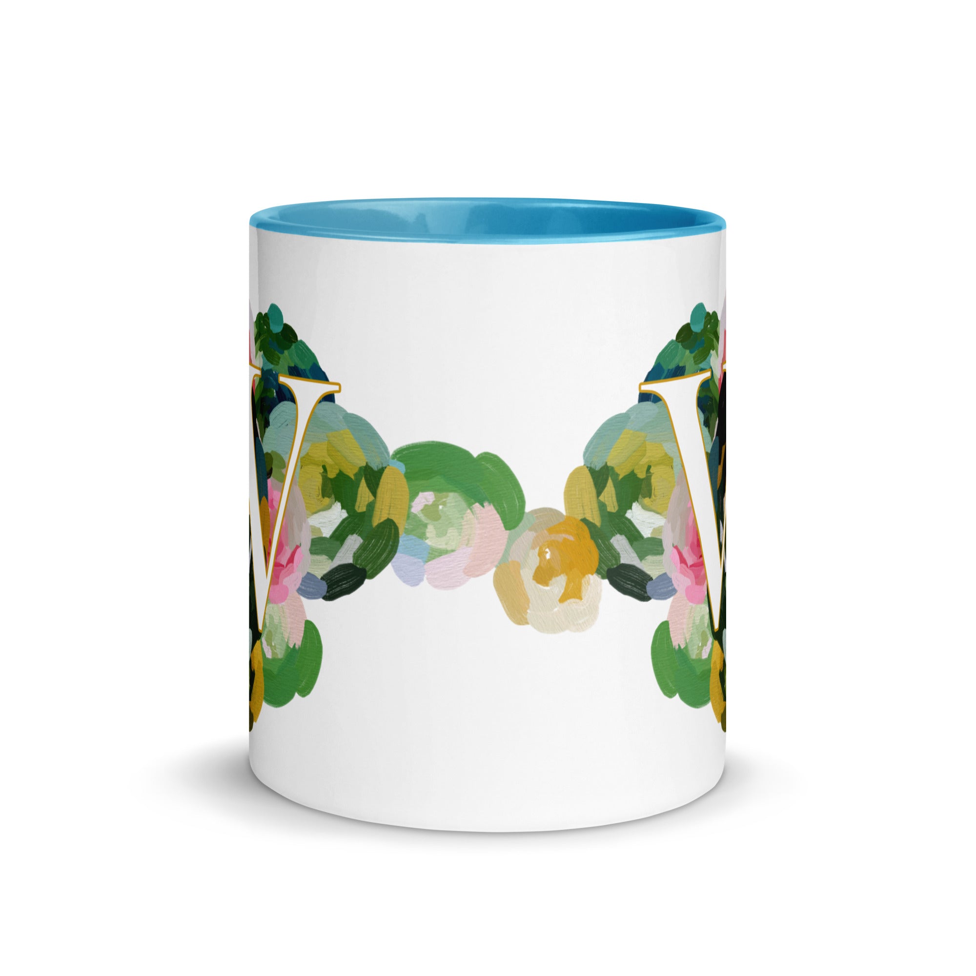 Blue Flowers Monogram Ceramic Mug - Letter W - Pretty coffee and tea mug for flower lovers. Bright light blue colored on the inside and the handle. Art by Parima Studio. Chic floral mug
