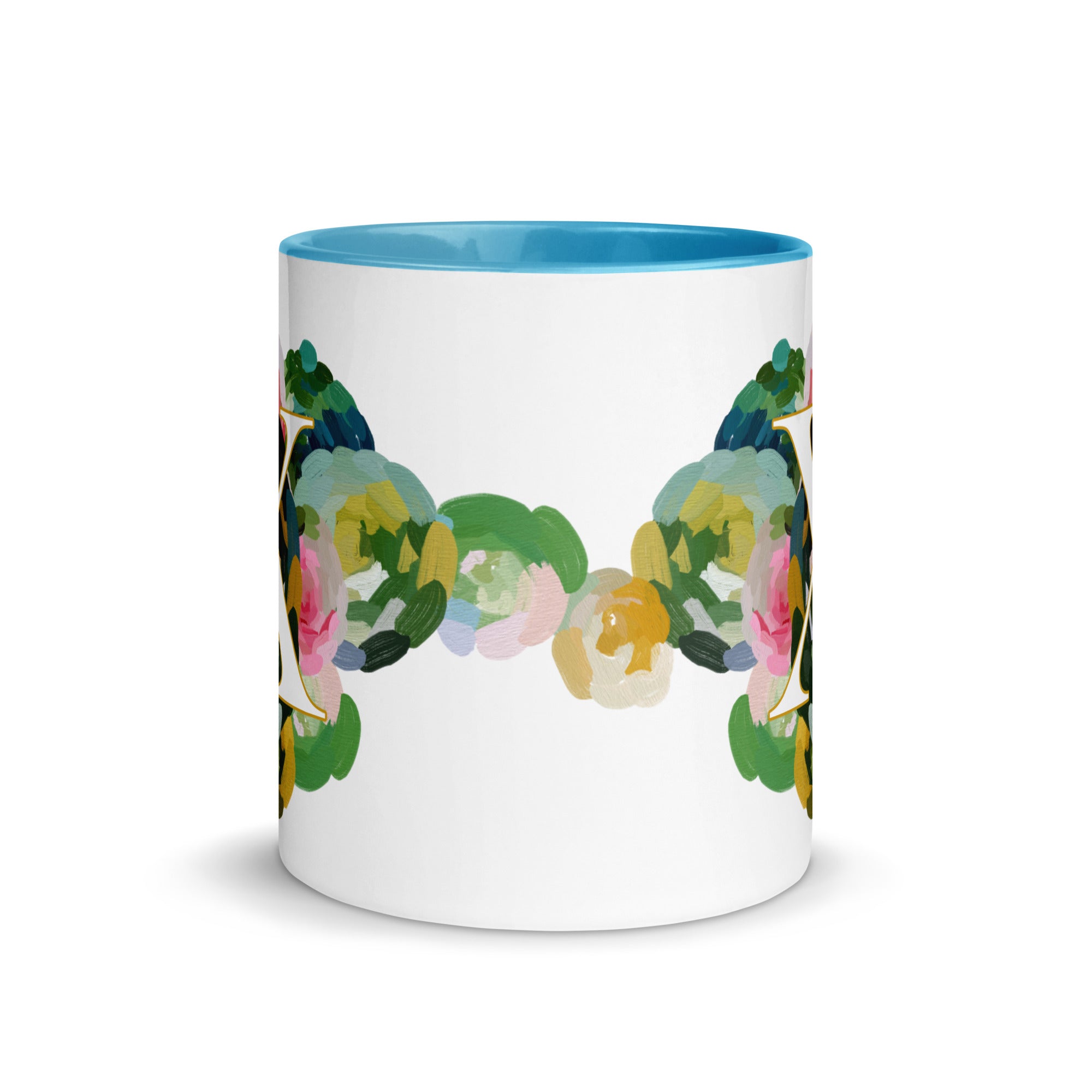 Blue Flowers Monogram Ceramic Mug - Letter X - Pretty coffee and tea mug for flower lovers. Bright light blue colored on the inside and the handle. Art by Parima Studio. Chic floral mug