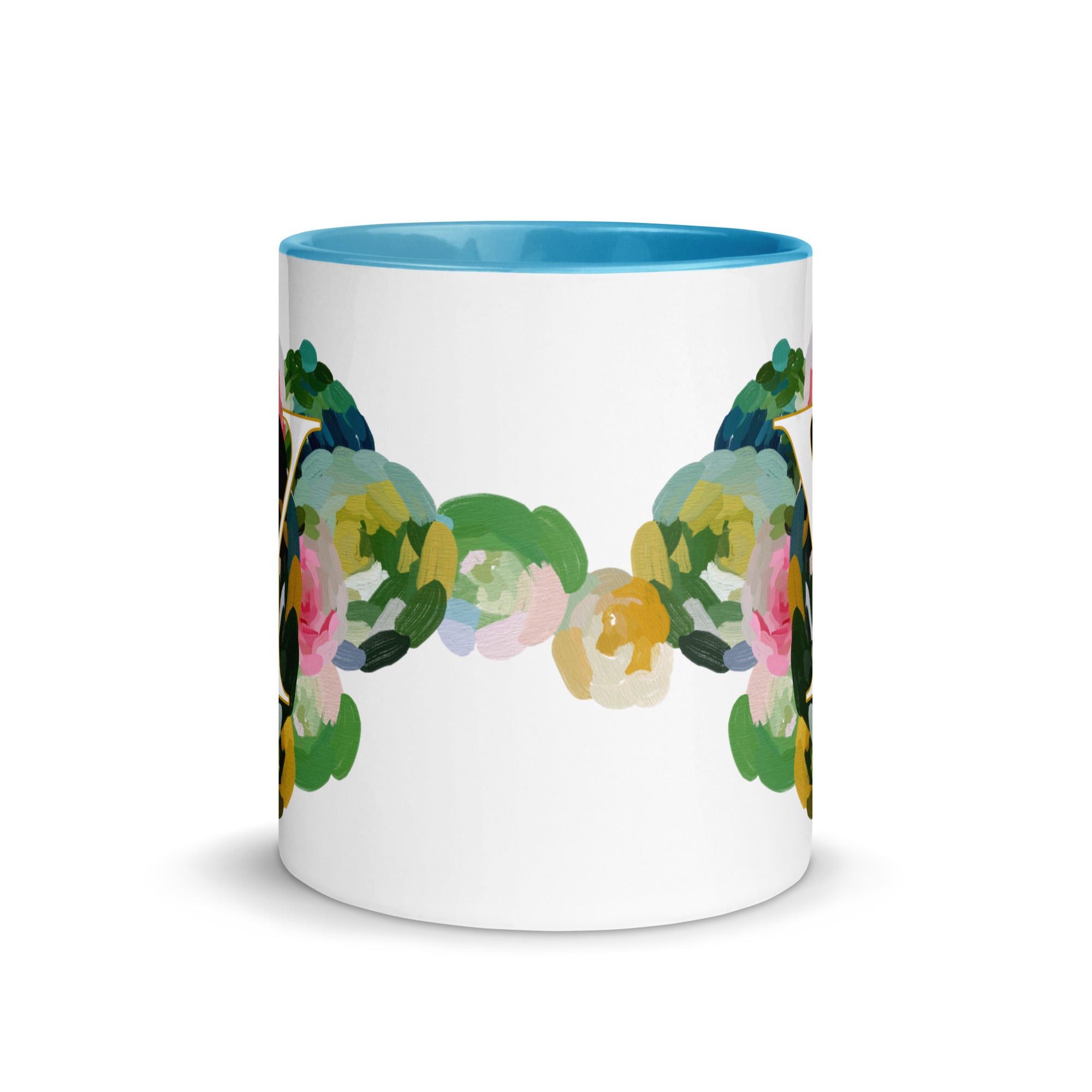 Blue Flowers Monogram Ceramic Mug - Letter Y - Pretty coffee and tea mug for flower lovers. Bright light blue colored on the inside and the handle. Art by Parima Studio. Chic floral mug