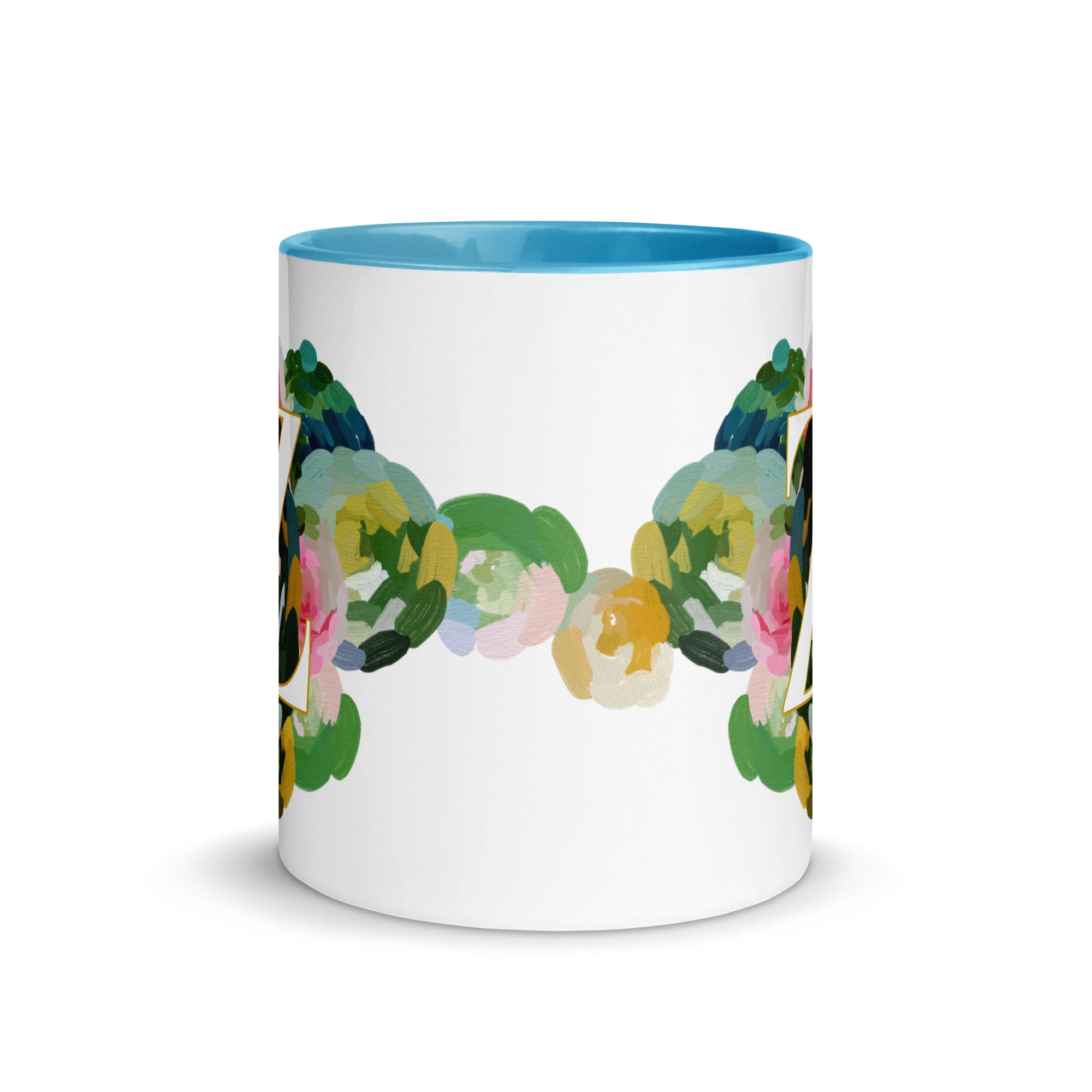 Blue Flowers Monogram Ceramic Mug - Letter Z - Pretty coffee and tea mug for flower lovers. Bright light blue colored on the inside and the handle. Art by Parima Studio. Chic floral mug
