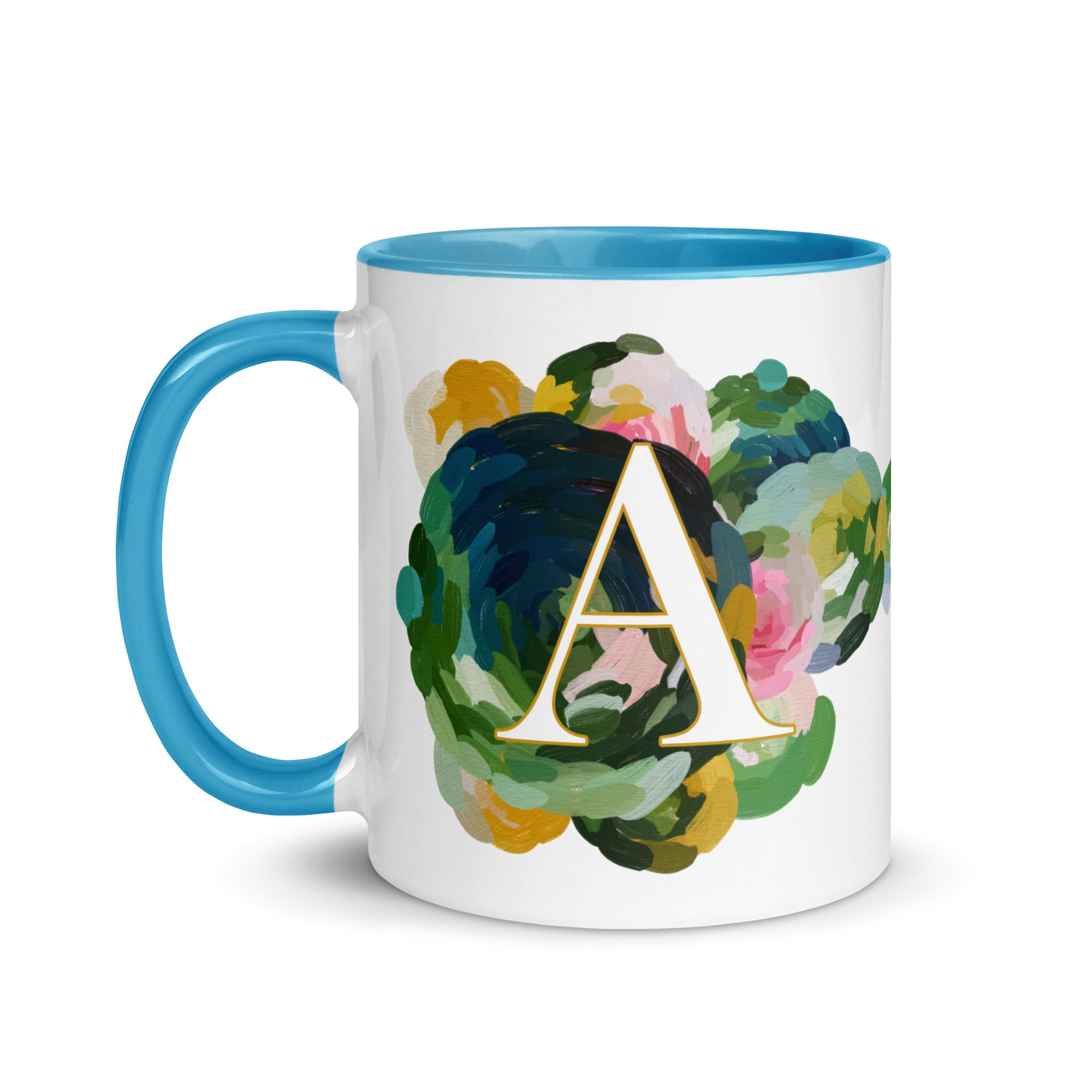 Blue Flowers Monogram Ceramic Mug - Letter A - Pretty coffee and tea mug for flower lovers. Bright light blue colored on the inside and the handle. Art by Parima Studio. Chic floral mug