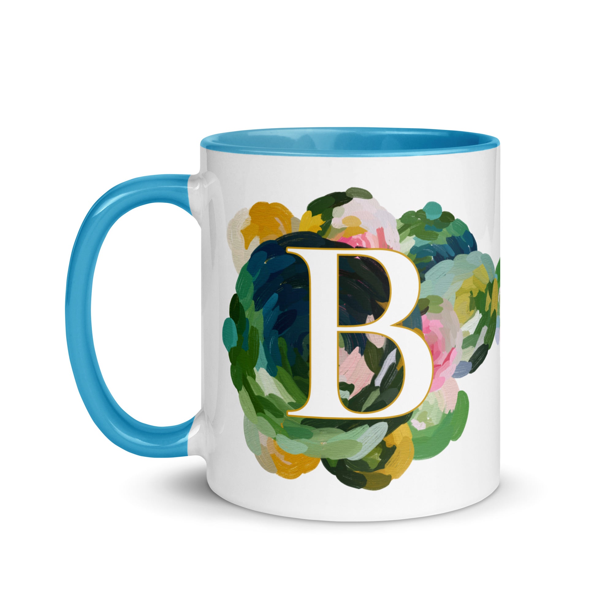 Blue Flowers Monogram Ceramic Mug - Letter B - Pretty coffee and tea mug for flower lovers. Bright light blue colored on the inside and the handle. Art by Parima Studio. Chic floral mug