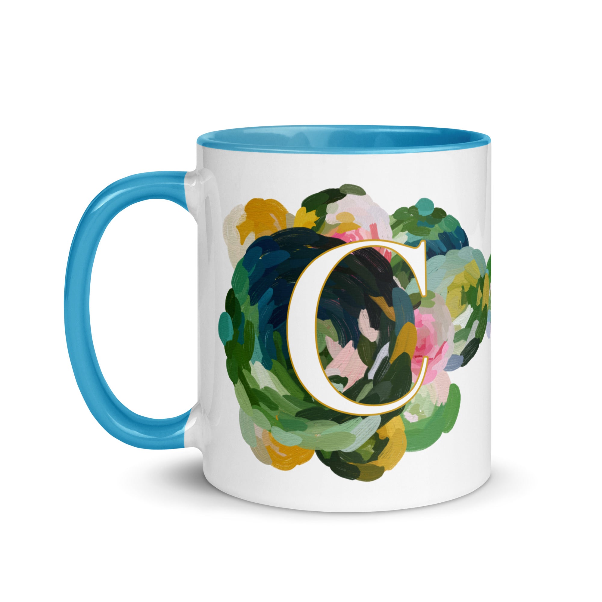 Blue Flowers Monogram Ceramic Mug - Letter C - Pretty coffee and tea mug for flower lovers. Bright light blue colored on the inside and the handle. Art by Parima Studio. Chic floral mug