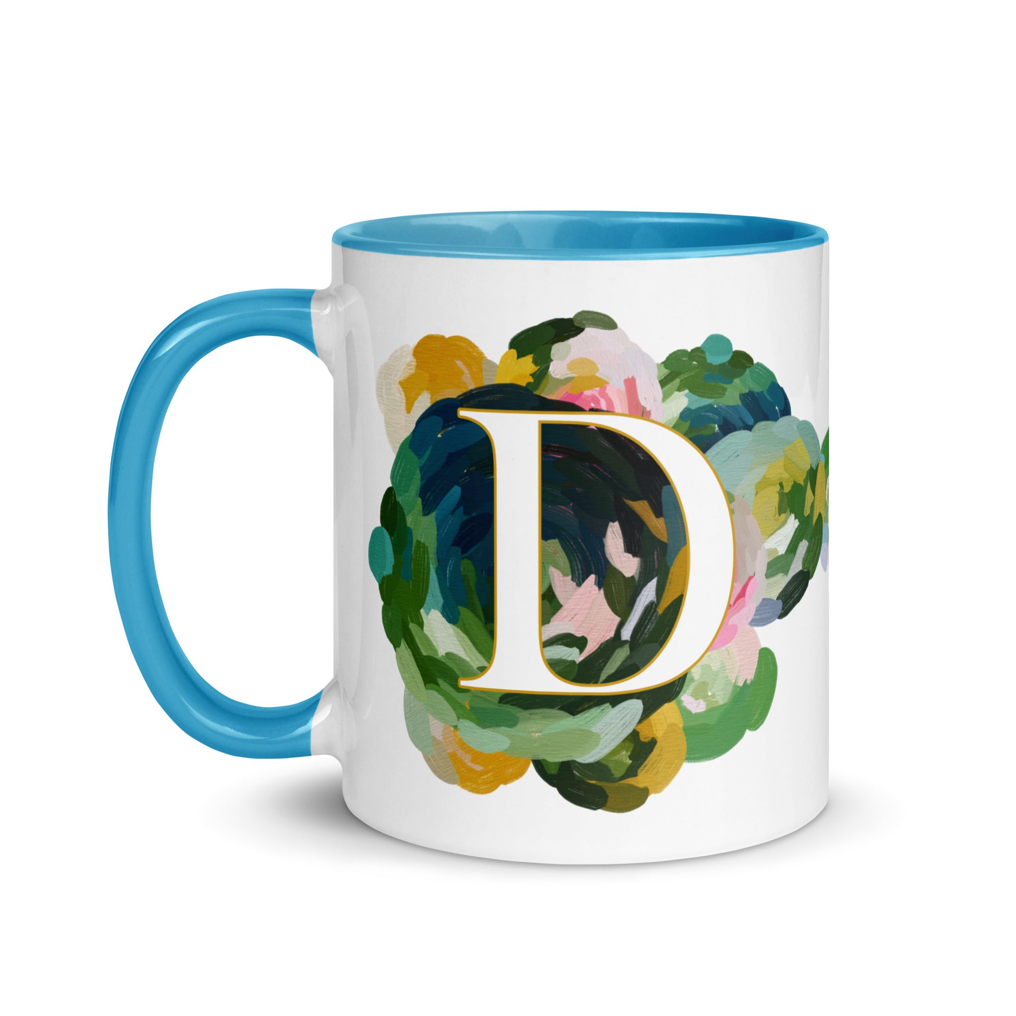 Blue Flowers Monogram Ceramic Mug - Letter D - Pretty coffee and tea mug for flower lovers. Bright light blue colored on the inside and the handle. Art by Parima Studio. Chic floral mug