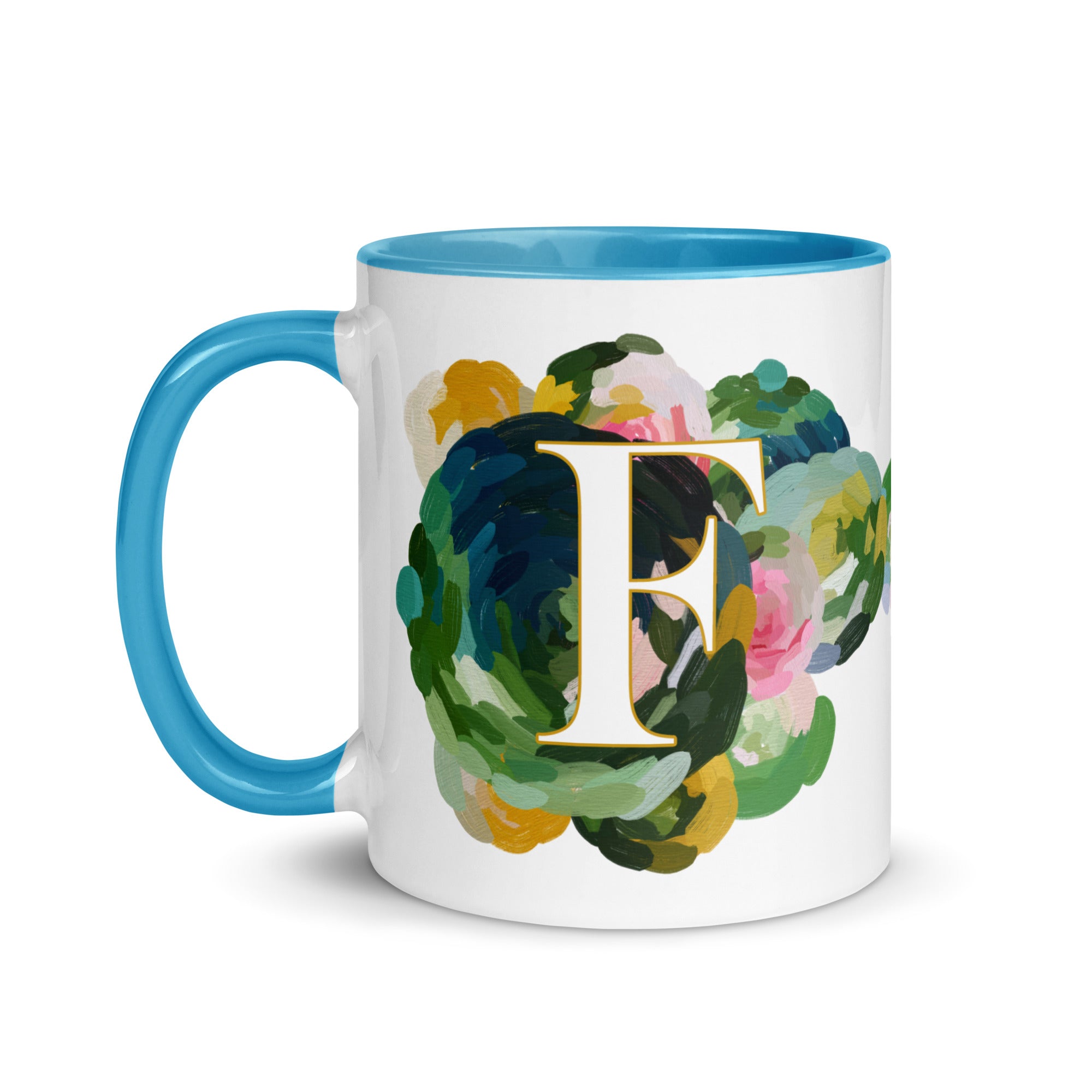 Blue Flowers Monogram Ceramic Mug - Letter F - Pretty coffee and tea mug for flower lovers. Bright light blue colored on the inside and the handle. Art by Parima Studio. Chic floral mug