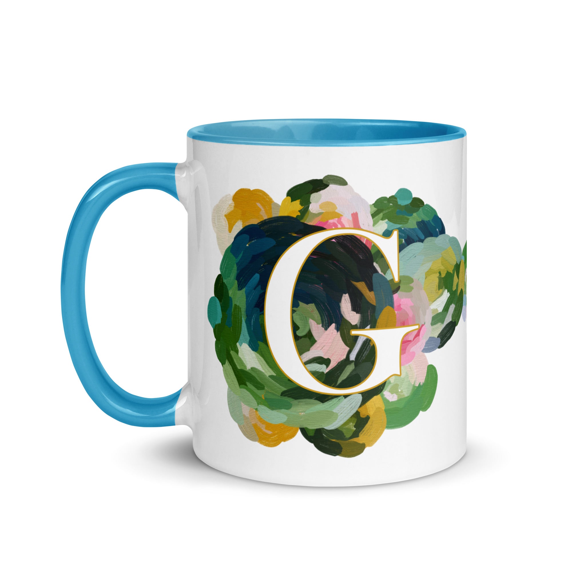 Blue Flowers Monogram Ceramic Mug - Letter G - Pretty coffee and tea mug for flower lovers. Bright light blue colored on the inside and the handle. Art by Parima Studio. Chic floral mug