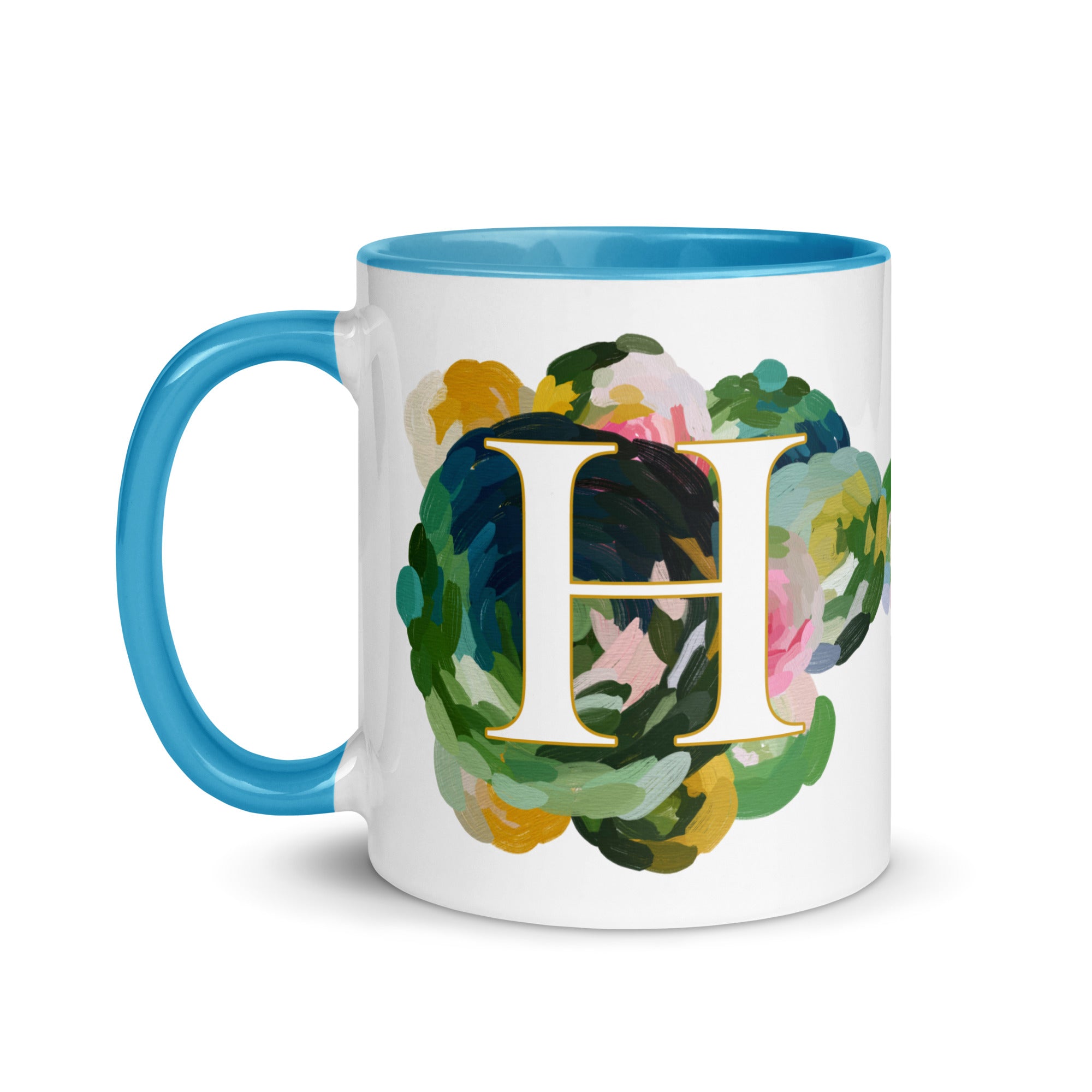 Blue Flowers Monogram Ceramic Mug - Letter H - Pretty coffee and tea mug for flower lovers. Bright light blue colored on the inside and the handle. Art by Parima Studio. Chic floral mug