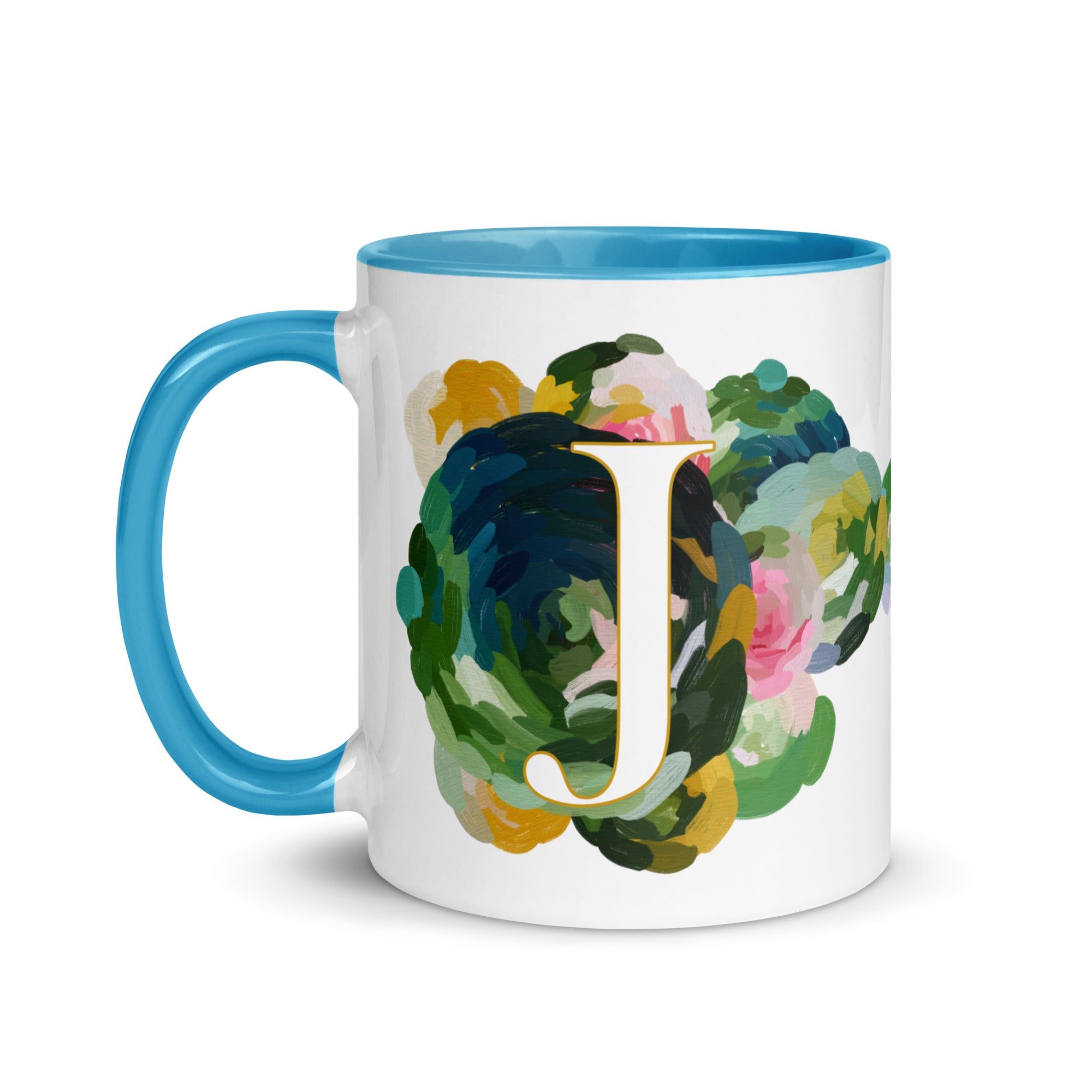 Blue Flowers Monogram Ceramic Mug - Letter J - Pretty coffee and tea mug for flower lovers. Bright light blue colored on the inside and the handle. Art by Parima Studio. Chic floral mug