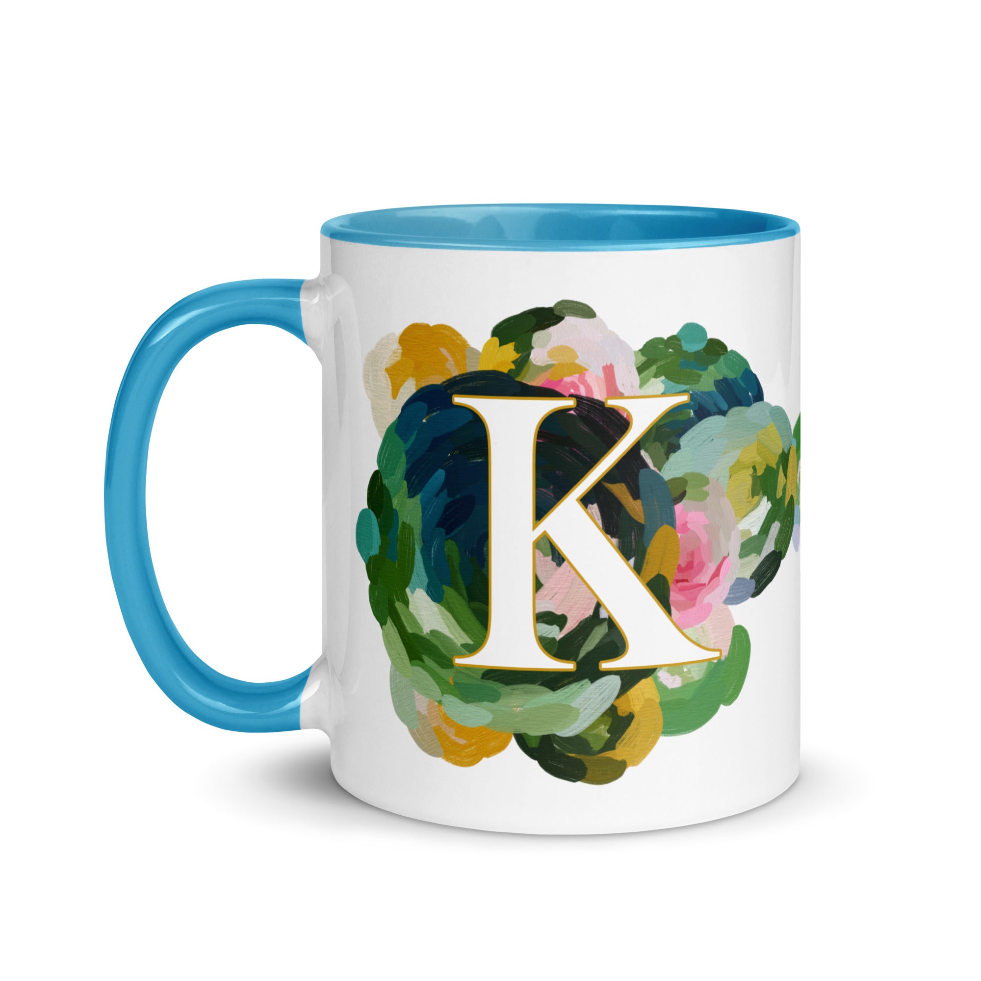 Blue Flowers Monogram Ceramic Mug - Letter K - Pretty coffee and tea mug for flower lovers. Bright light blue colored on the inside and the handle. Art by Parima Studio. Chic floral mug