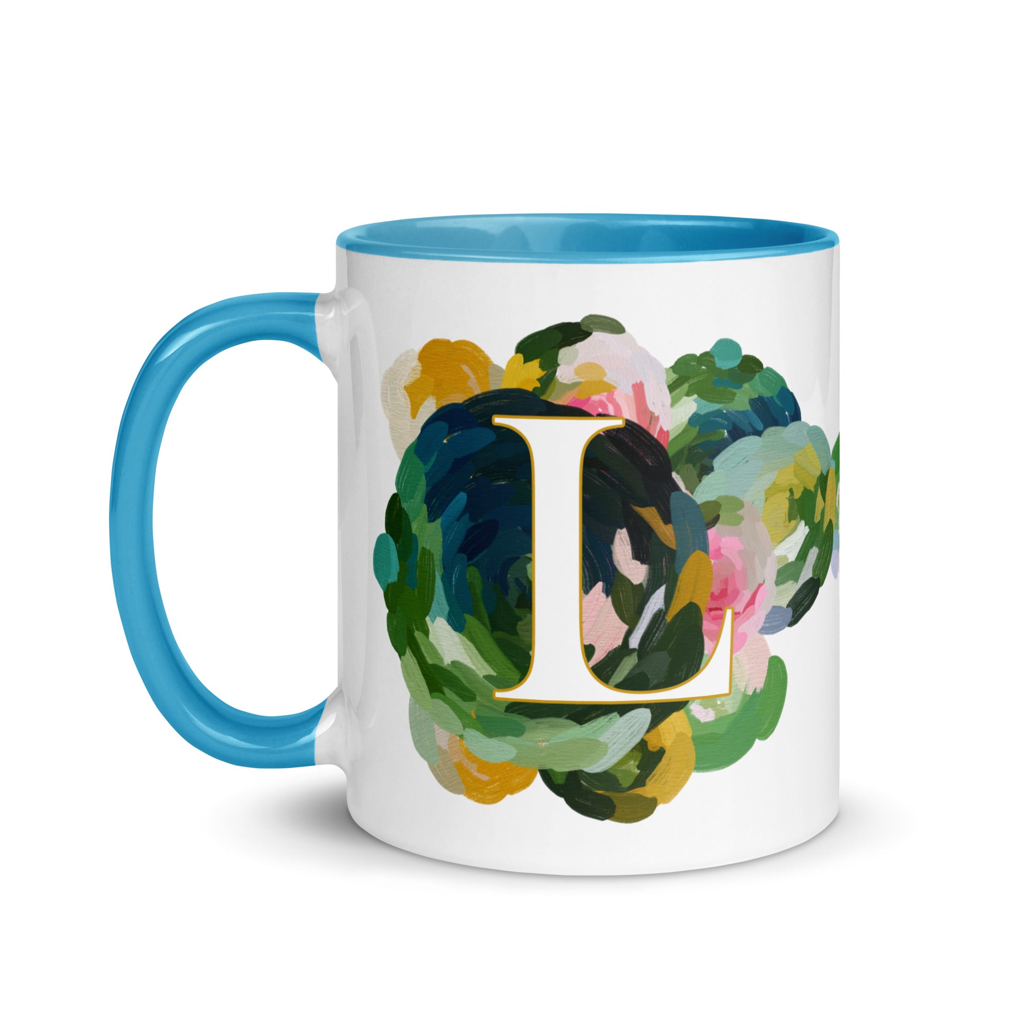 Blue Flowers Monogram Ceramic Mug - Letter L - Pretty coffee and tea mug for flower lovers. Bright light blue colored on the inside and the handle. Art by Parima Studio. Chic floral mug