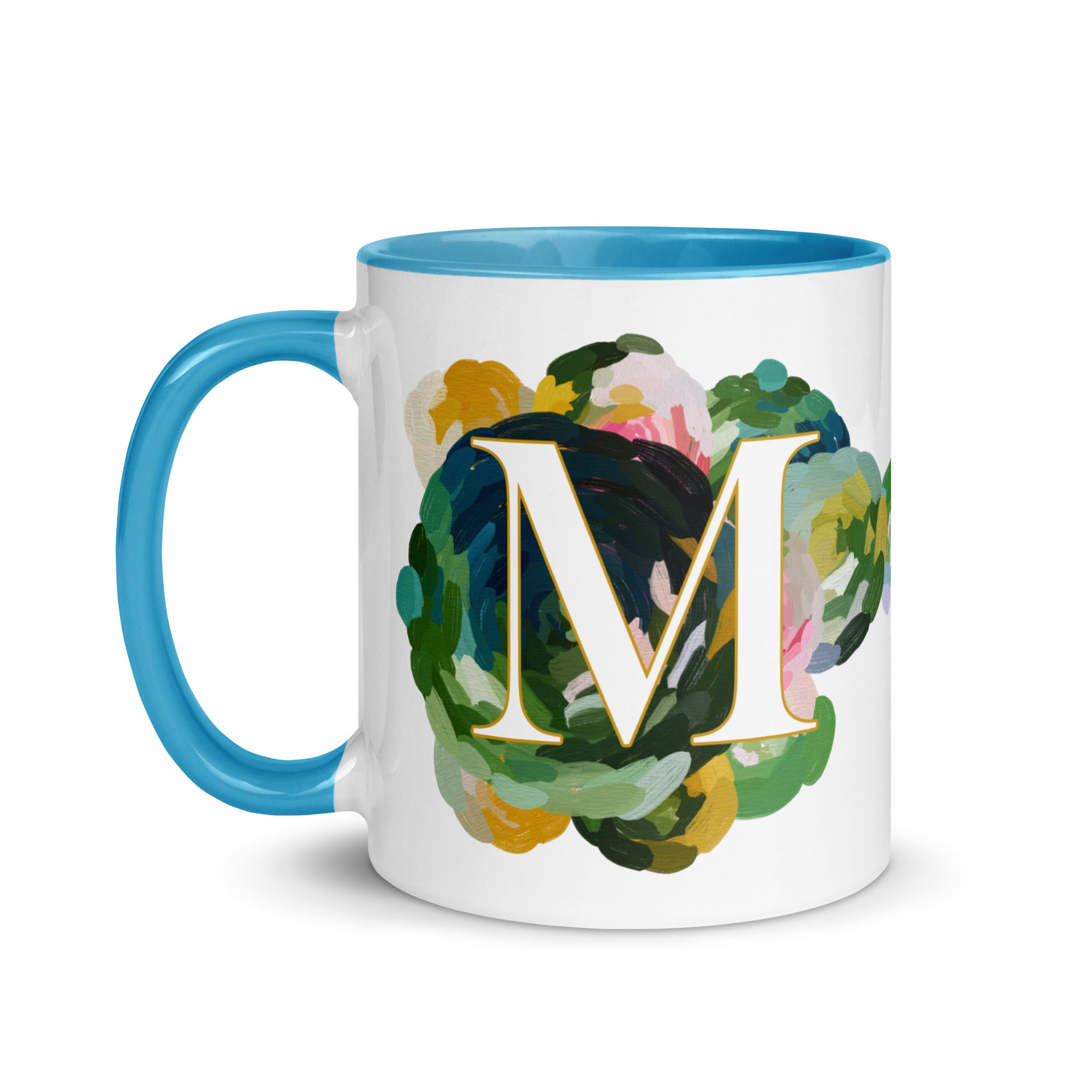 Blue Flowers Monogram Ceramic Mug - Letter M - Pretty coffee and tea mug for flower lovers. Bright light blue colored on the inside and the handle. Art by Parima Studio. Chic floral mug