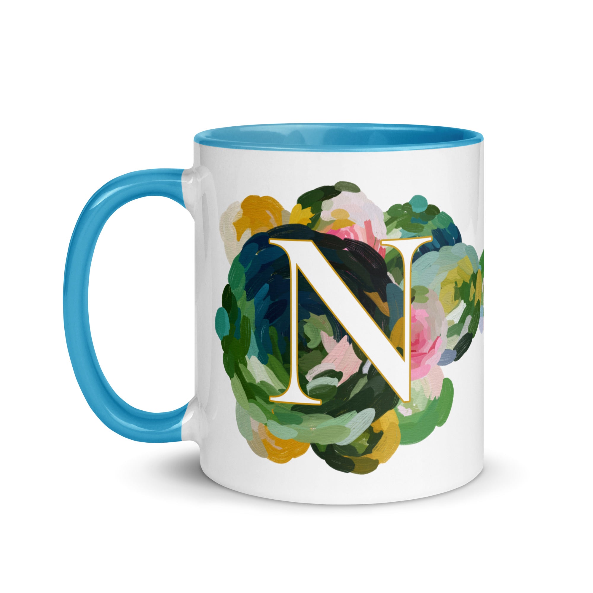 Blue Flowers Monogram Ceramic Mug - Letter N - Pretty coffee and tea mug for flower lovers. Bright light blue colored on the inside and the handle. Art by Parima Studio. Chic floral mug