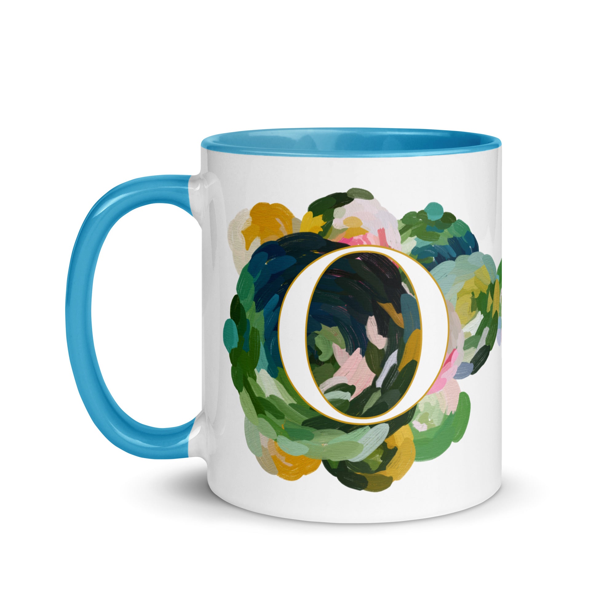 Blue Flowers Monogram Ceramic Mug - Letter O - Pretty coffee and tea mug for flower lovers. Bright light blue colored on the inside and the handle. Art by Parima Studio. Chic floral mug