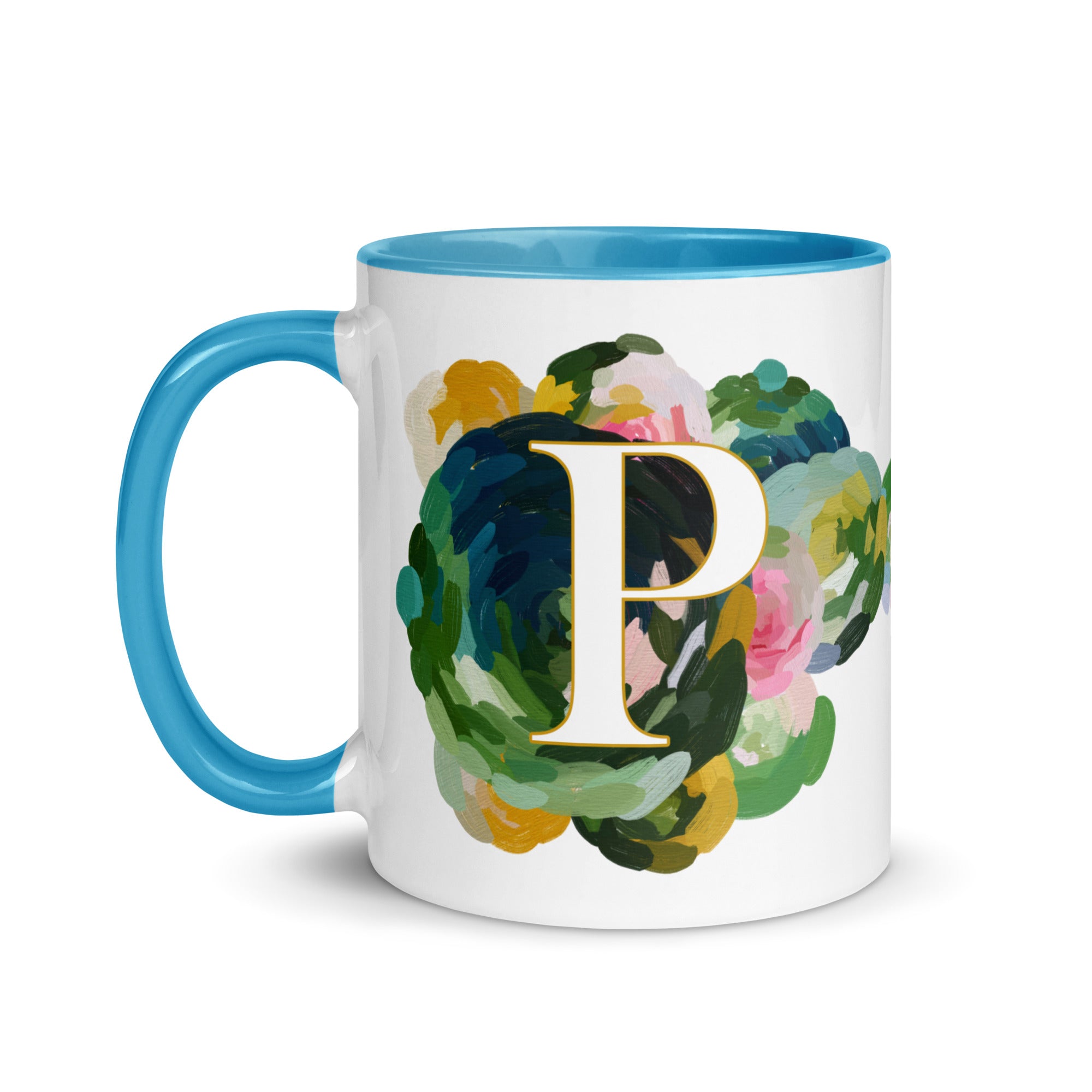 Blue Flowers Monogram Ceramic Mug - Letter P - Pretty coffee and tea mug for flower lovers. Bright light blue colored on the inside and the handle. Art by Parima Studio. Chic floral mug
