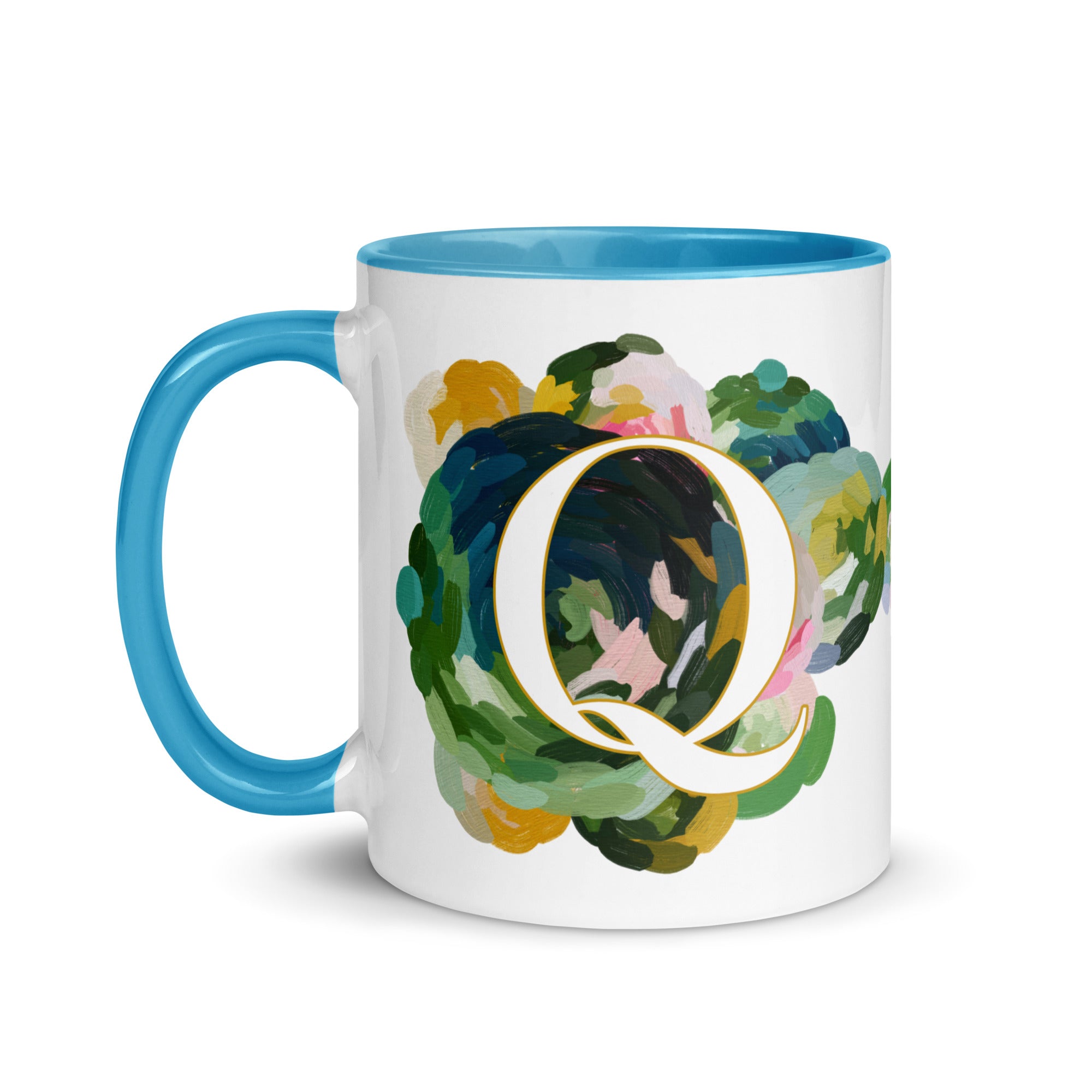 Blue Flowers Monogram Ceramic Mug - Letter Q - Pretty coffee and tea mug for flower lovers. Bright light blue colored on the inside and the handle. Art by Parima Studio. Chic floral mug