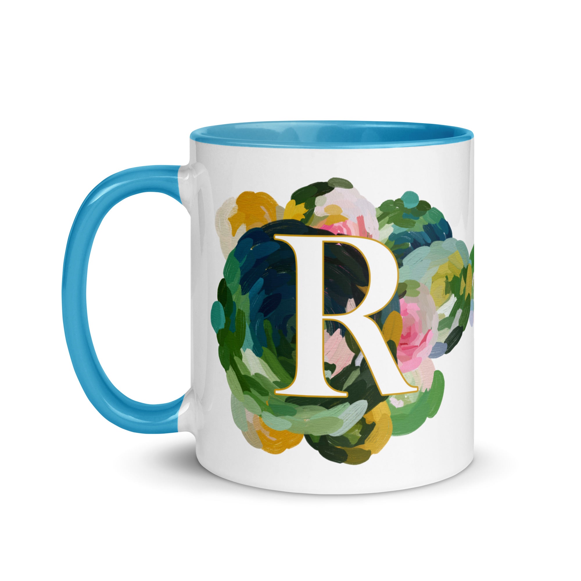 Blue Flowers Monogram Ceramic Mug - Letter R - Pretty coffee and tea mug for flower lovers. Bright light blue colored on the inside and the handle. Art by Parima Studio. Chic floral mug