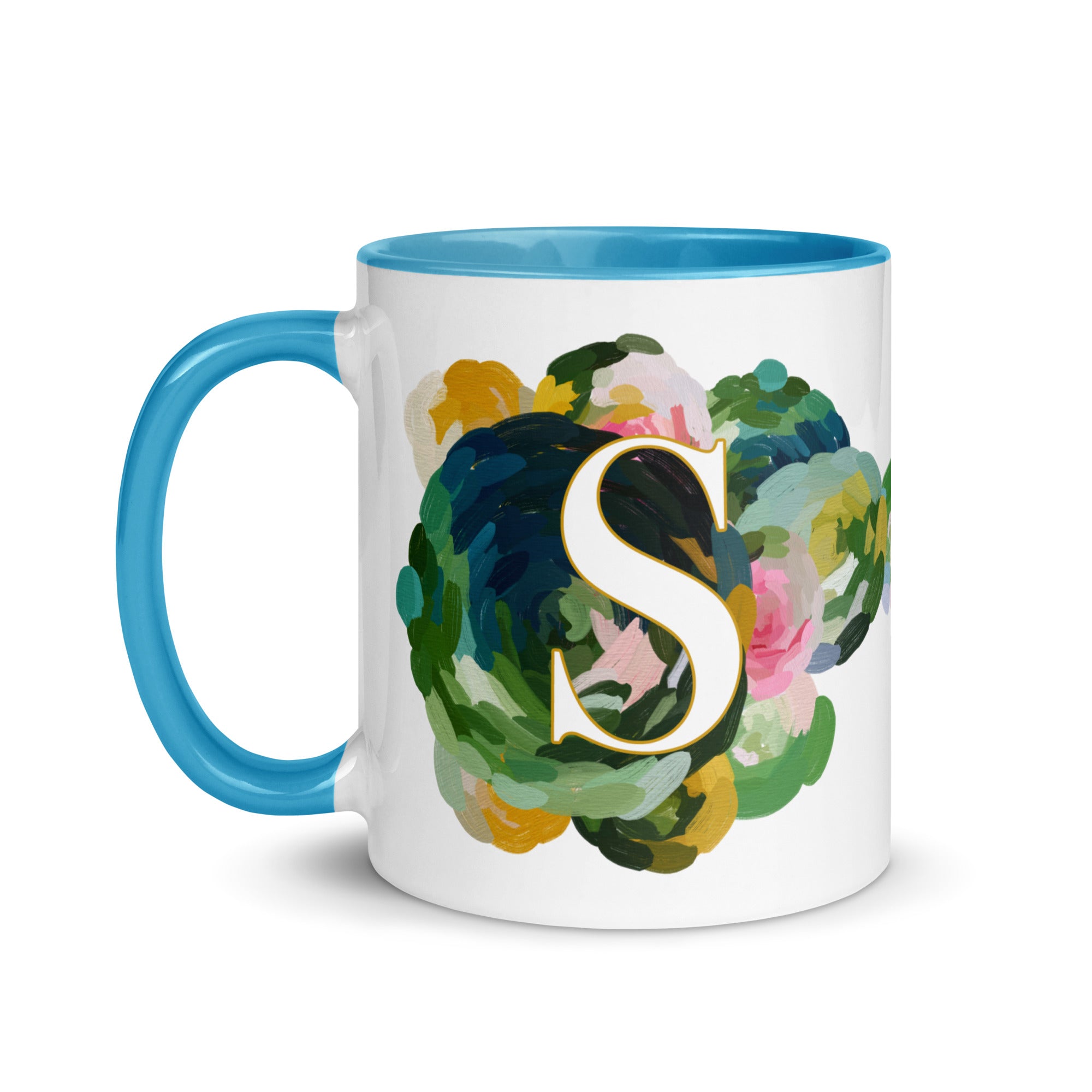 Blue Flowers Monogram Ceramic Mug - Letter S - Pretty coffee and tea mug for flower lovers. Bright light blue colored on the inside and the handle. Art by Parima Studio. Chic floral mug