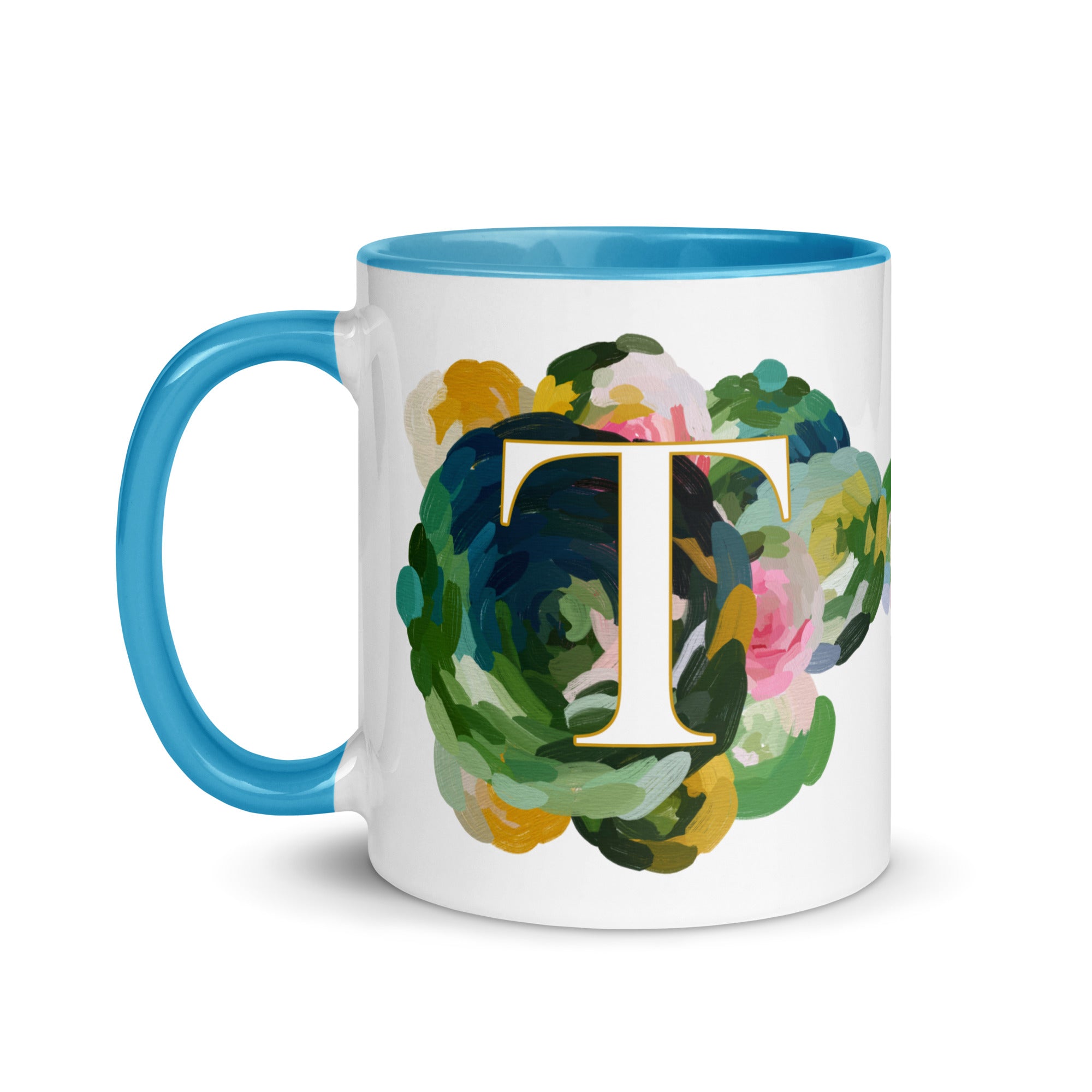 Blue Flowers Monogram Ceramic Mug - Letter T - Pretty coffee and tea mug for flower lovers. Bright light blue colored on the inside and the handle. Art by Parima Studio. Chic floral mug