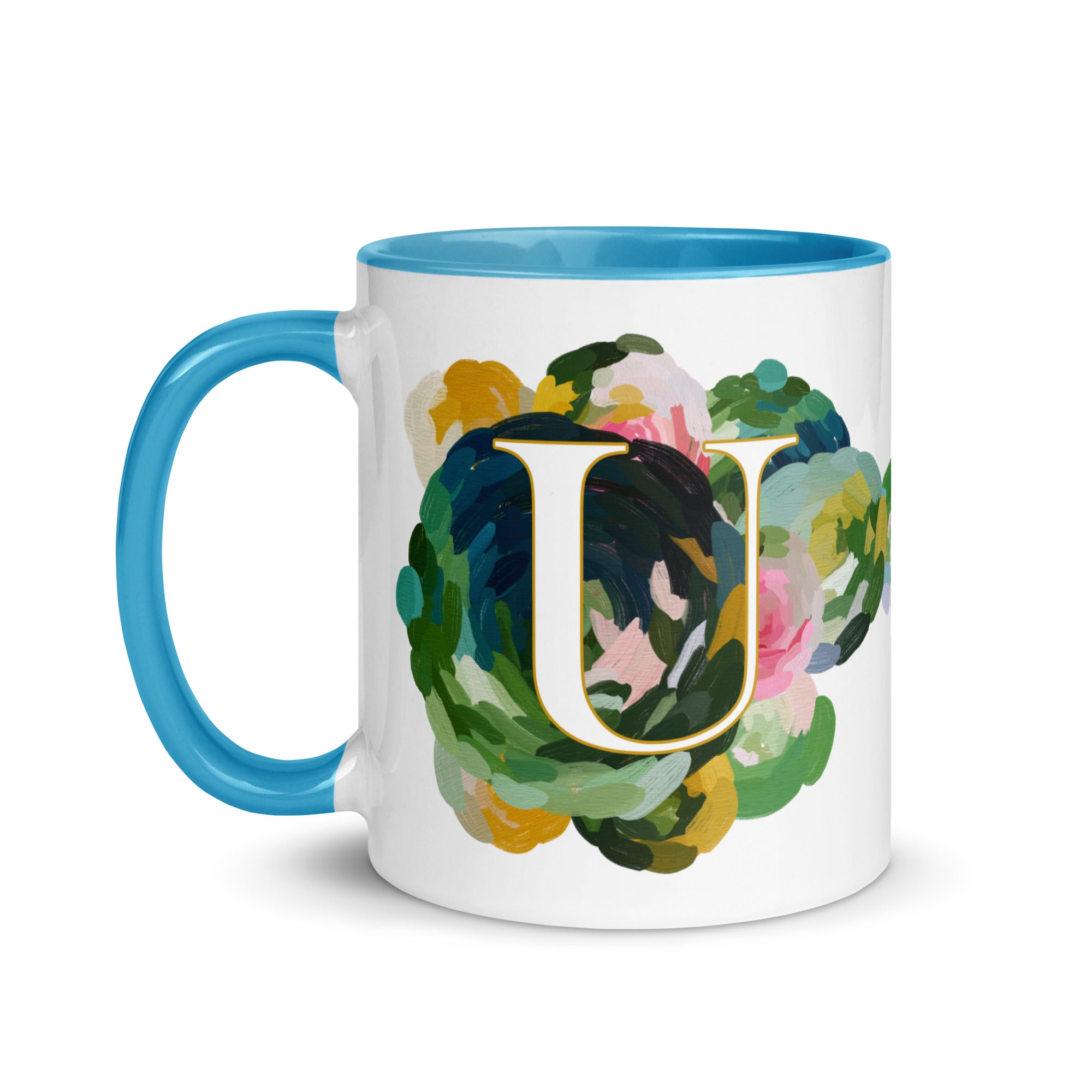 Blue Flowers Monogram Ceramic Mug - Letter U - Pretty coffee and tea mug for flower lovers. Bright light blue colored on the inside and the handle. Art by Parima Studio. Chic floral mug
