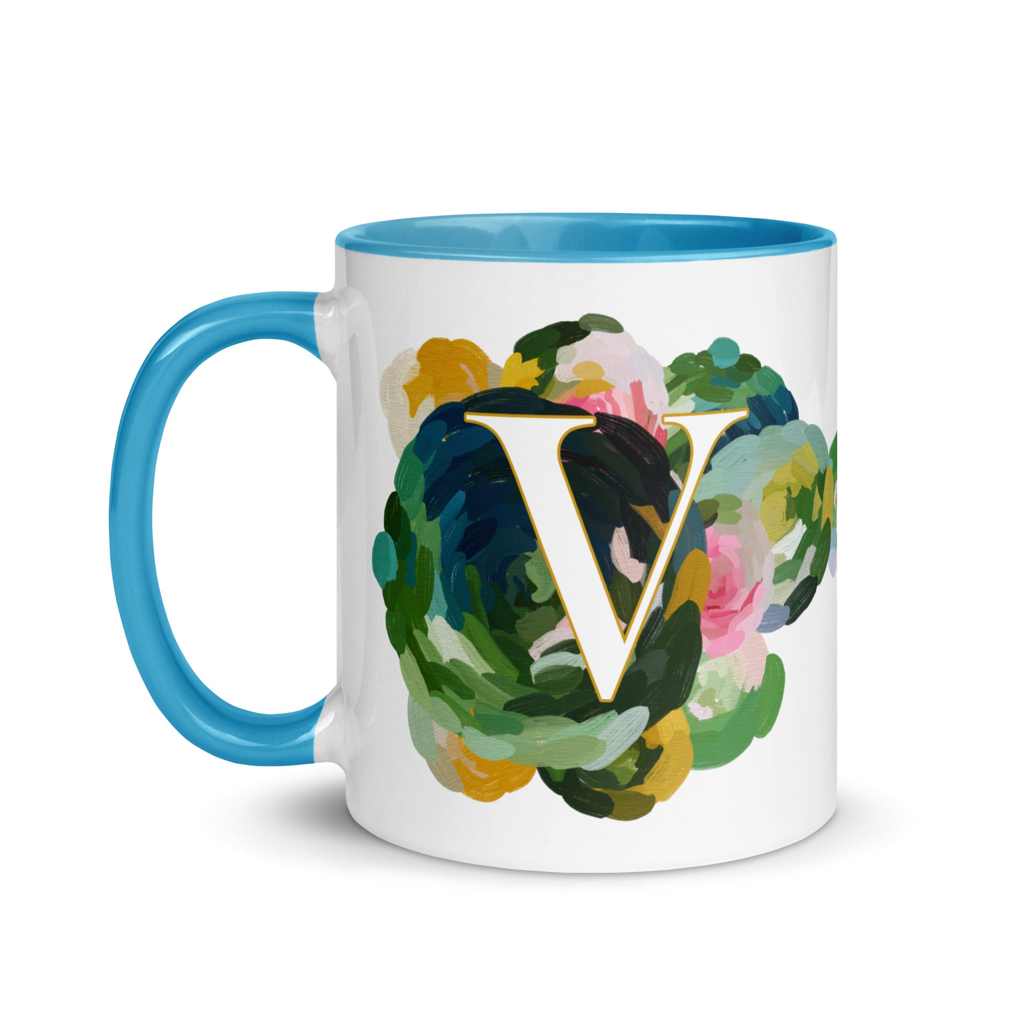 Blue Flowers Monogram Ceramic Mug - Letter V - Pretty coffee and tea mug for flower lovers. Bright light blue colored on the inside and the handle. Art by Parima Studio. Chic floral mug