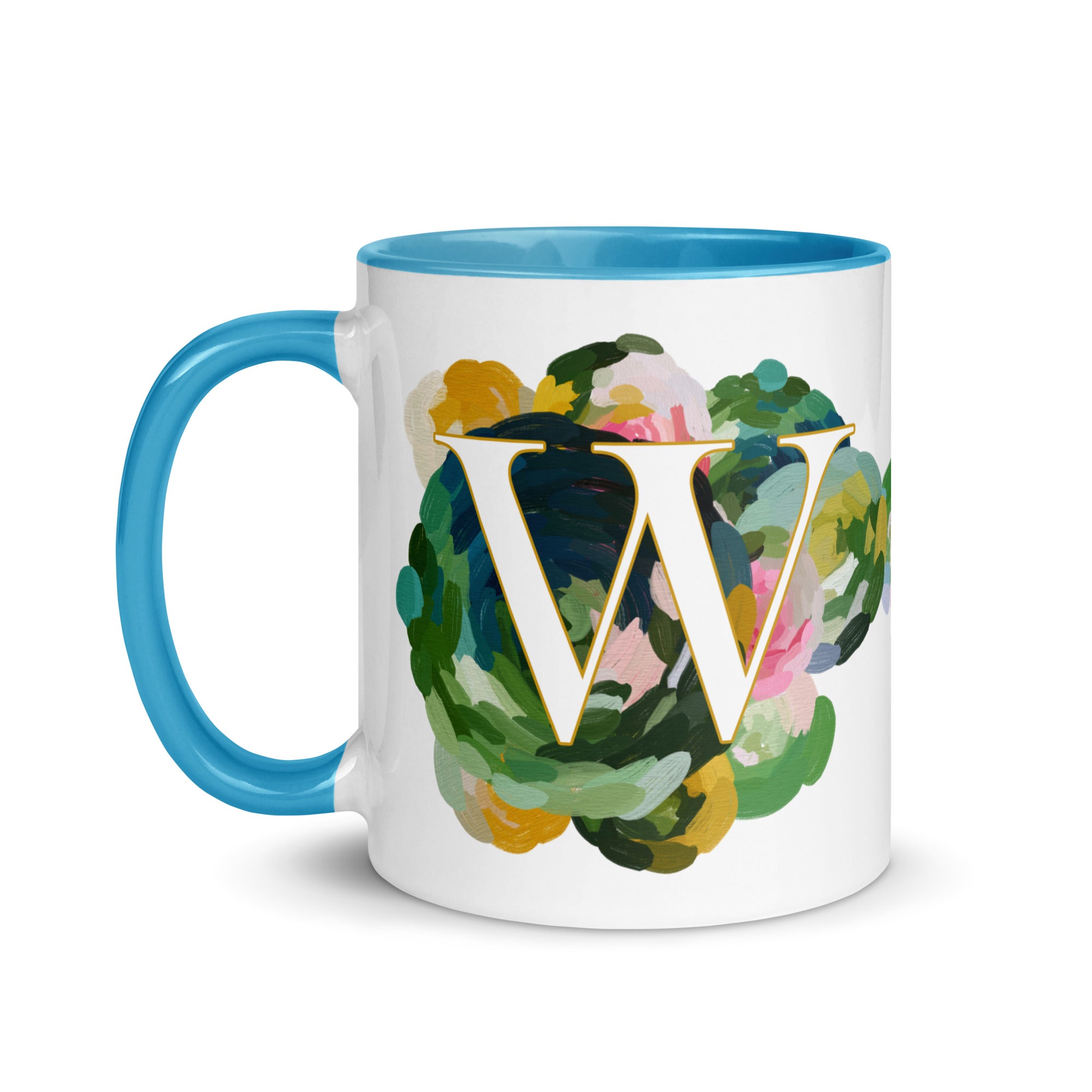 Blue Flowers Monogram Ceramic Mug - Letter W - Pretty coffee and tea mug for flower lovers. Bright light blue colored on the inside and the handle. Art by Parima Studio. Chic floral mug