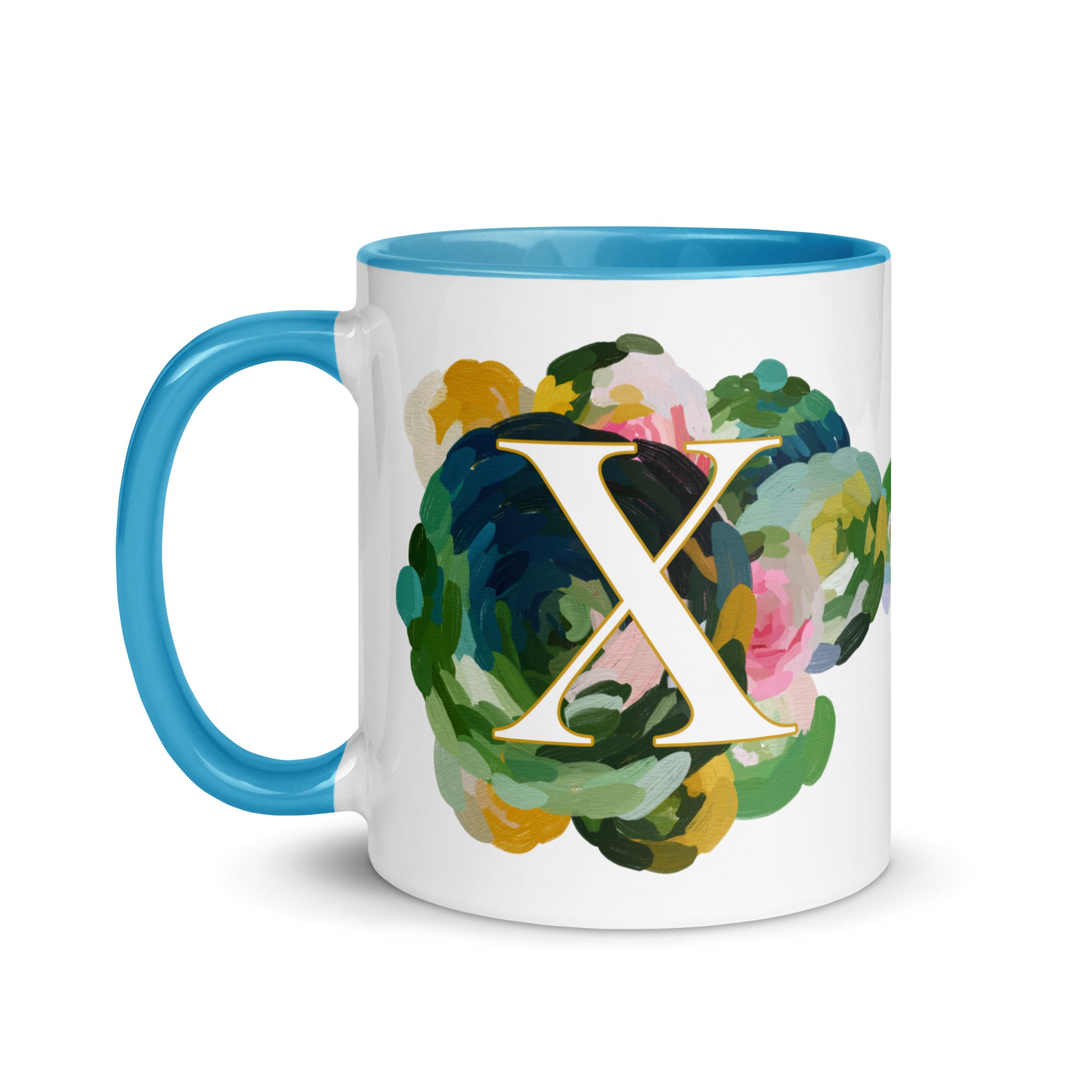 Blue Flowers Monogram Ceramic Mug - Letter X - Pretty coffee and tea mug for flower lovers. Bright light blue colored on the inside and the handle. Art by Parima Studio. Chic floral mug