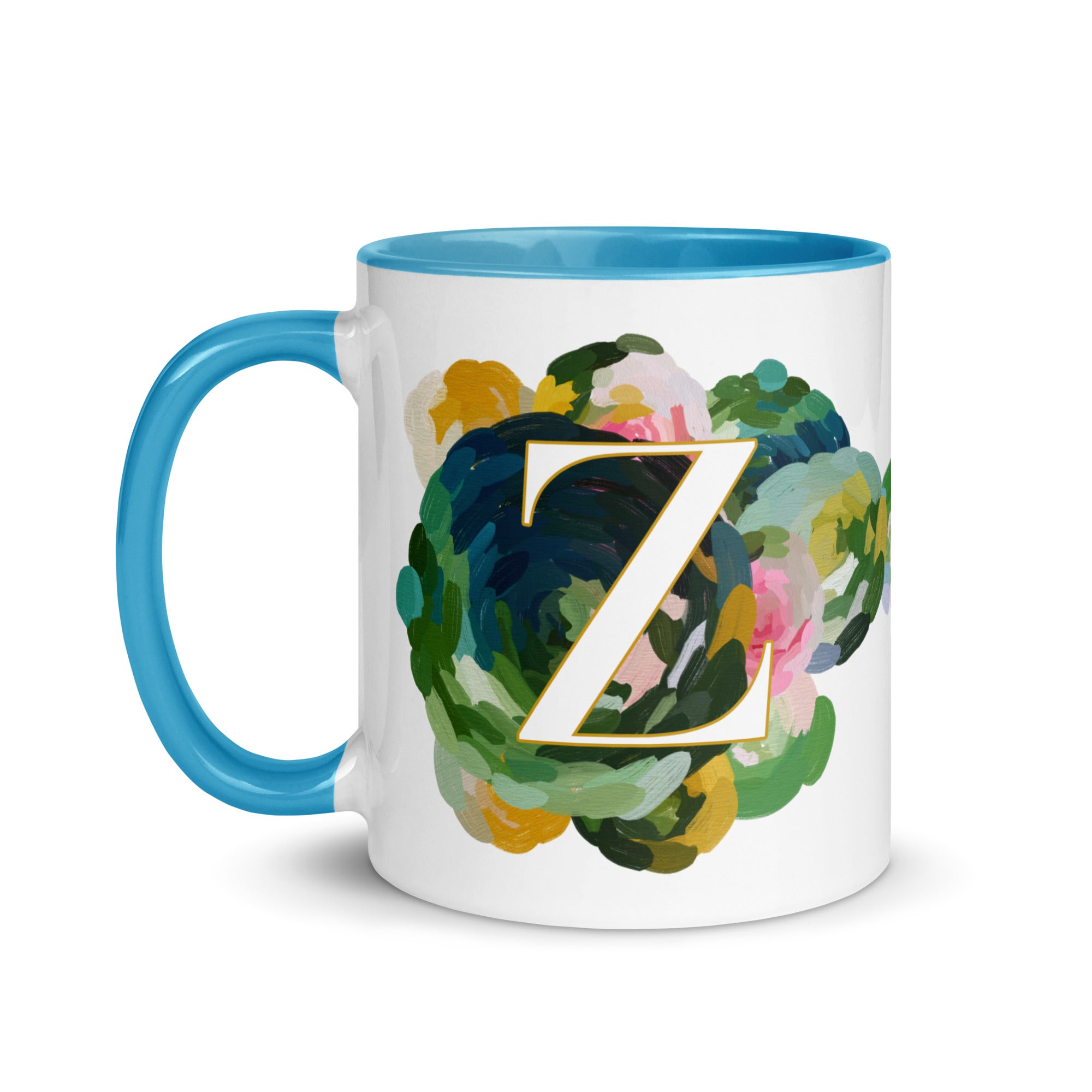 Blue Flowers Monogram Ceramic Mug - Letter Z - Pretty coffee and tea mug for flower lovers. Bright light blue colored on the inside and the handle. Art by Parima Studio. Chic floral mug