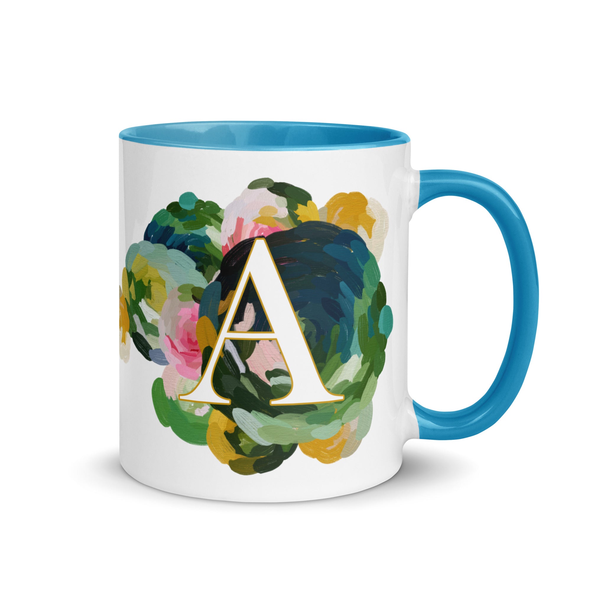 Blue Flowers Monogram Ceramic Mug - Letter A - Pretty coffee and tea mug for flower lovers. Bright light blue colored on the inside and the handle. Art by Parima Studio. Chic floral mug