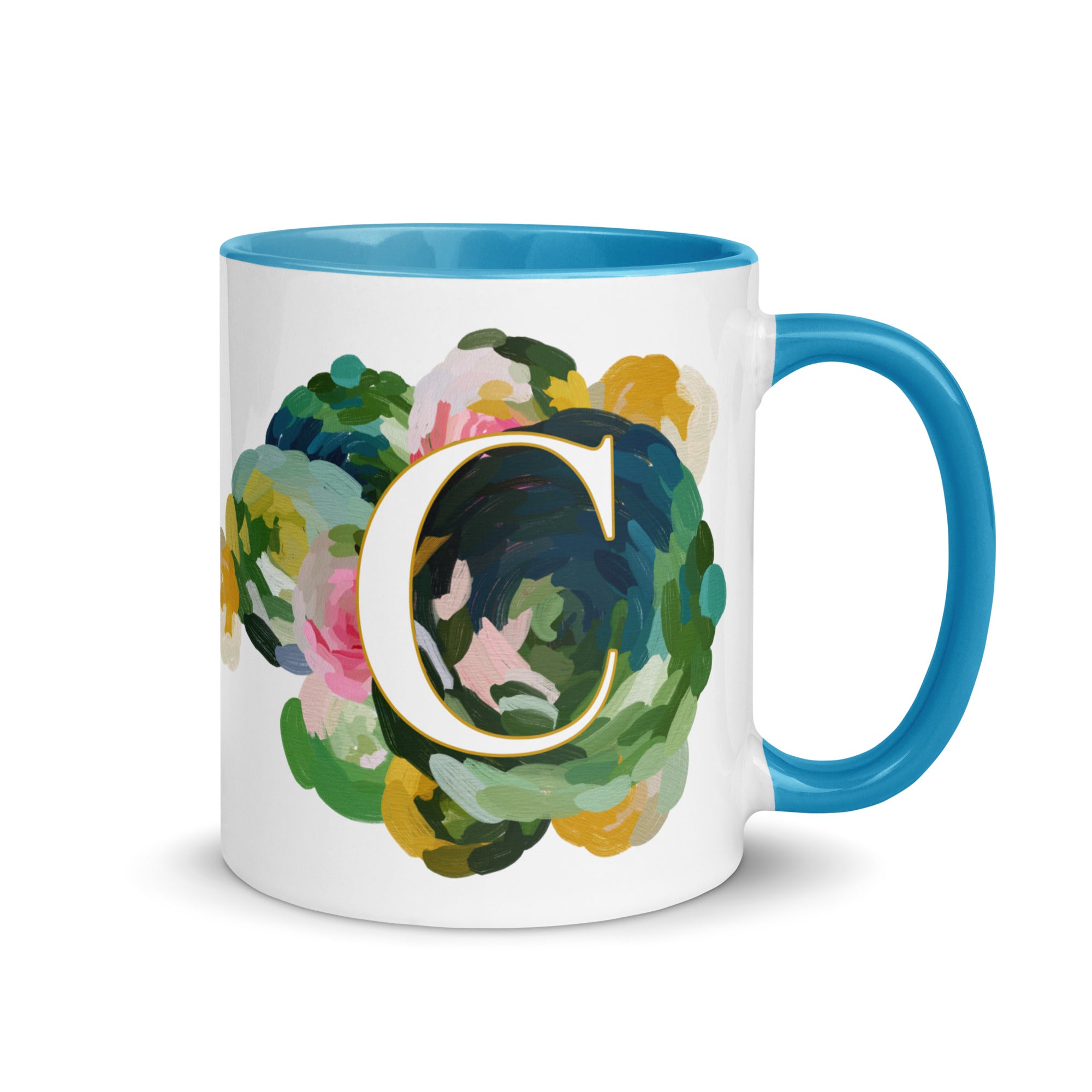 Blue Flowers Monogram Ceramic Mug - Letter C - Pretty coffee and tea mug for flower lovers. Bright light blue colored on the inside and the handle. Art by Parima Studio. Chic floral mug