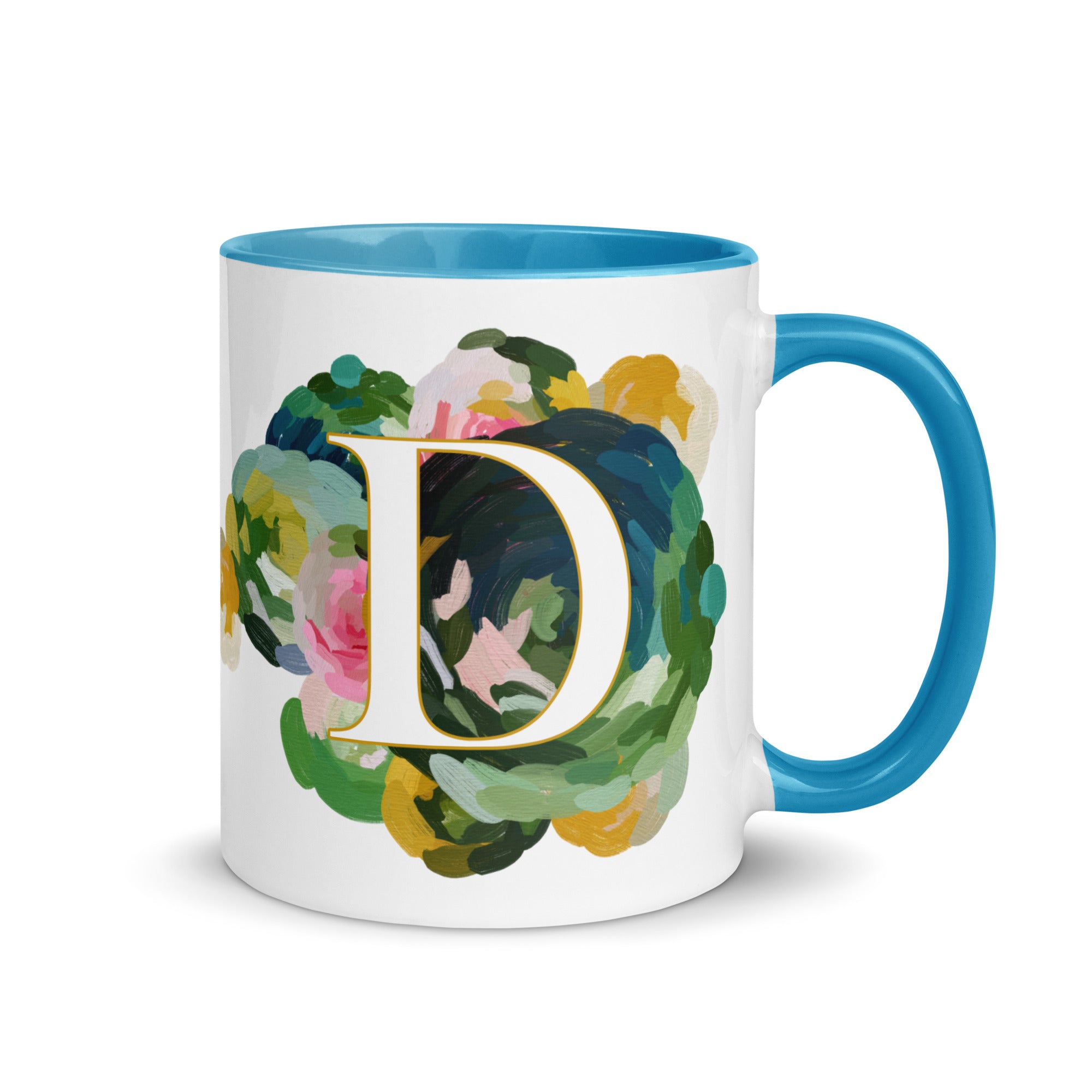Blue Flowers Monogram Ceramic Mug - Letter D - Pretty coffee and tea mug for flower lovers. Bright light blue colored on the inside and the handle. Art by Parima Studio. Chic floral mug