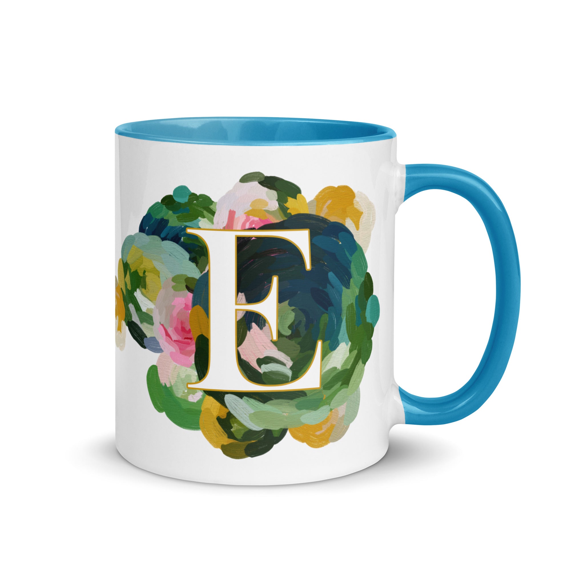 Blue Flowers Monogram Ceramic Mug - Letter E - Pretty coffee and tea mug for flower lovers. Bright light blue colored on the inside and the handle. Art by Parima Studio. Chic floral mug