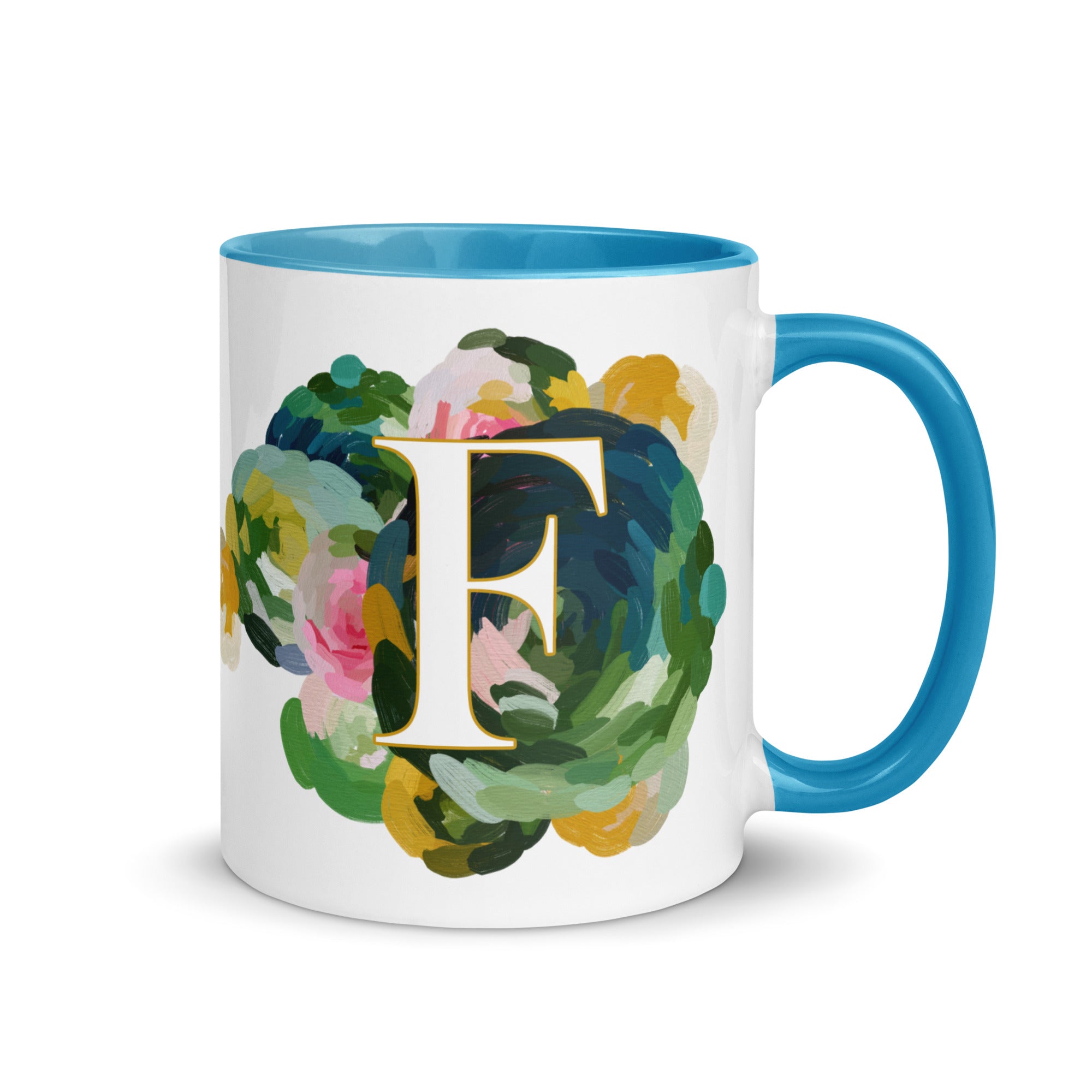 Blue Flowers Monogram Ceramic Mug - Letter F - Pretty coffee and tea mug for flower lovers. Bright light blue colored on the inside and the handle. Art by Parima Studio. Chic floral mug